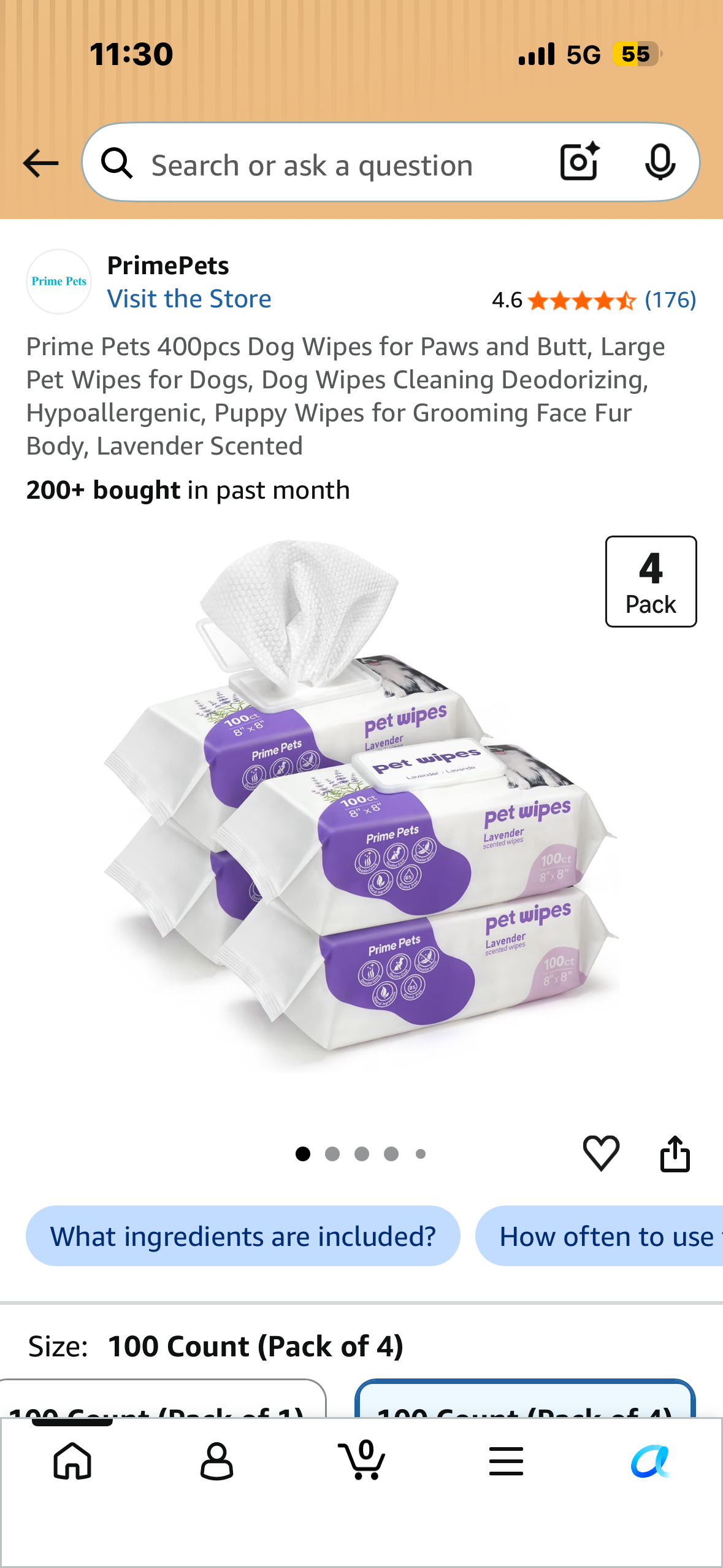 400pcs Dog Wipes for Paws and Butt, Large Pet Wipes for Dogs, Dog Wipes Cleaning Deodorizing, Hypoallergenic, Puppy Wipes for Grooming Face Fur Body, Lavender Scented( 4 packs of 100 count)