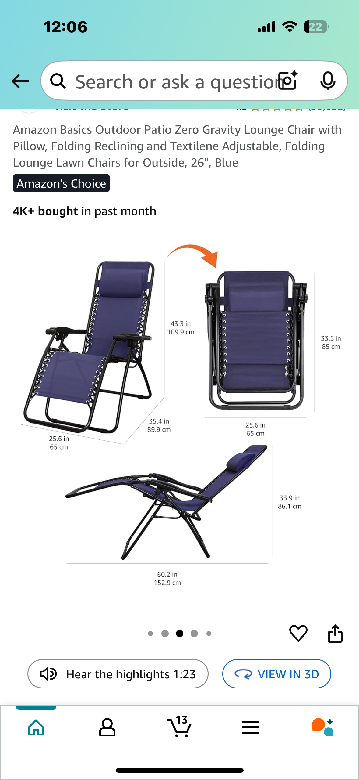 Outdoor Patio Zero Gravity Lounge Chair with Pillow, Folding Reclining with Textilene Material, Fully Adjustable, Extra Wide 26", Navy Blue (G798)