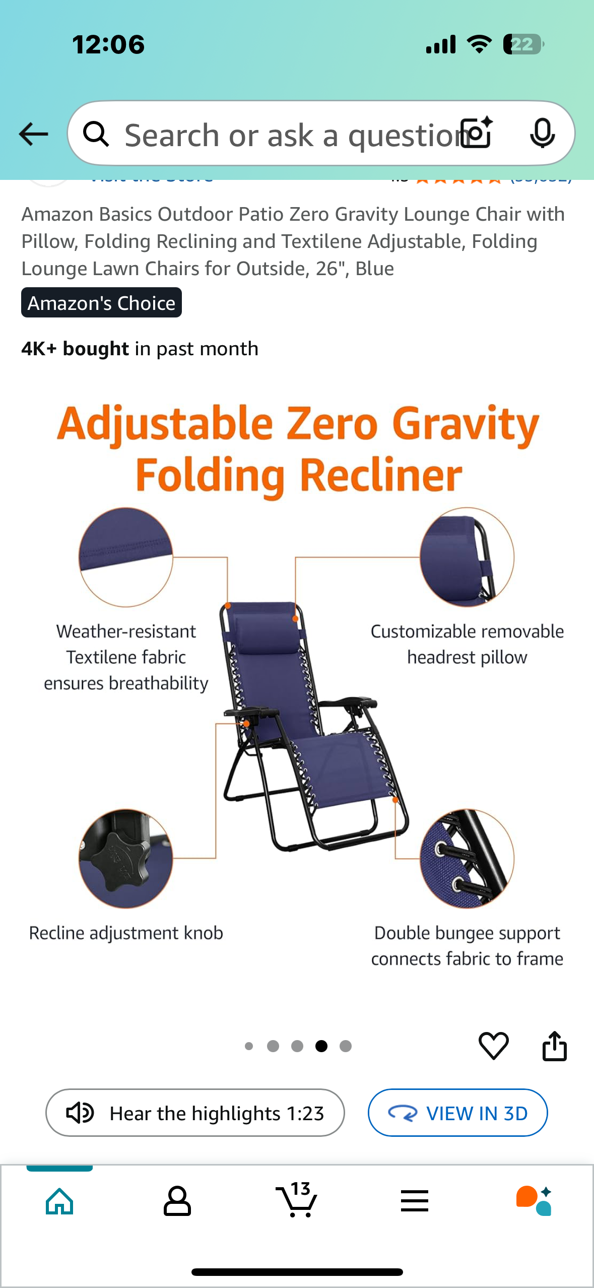 Outdoor Patio Zero Gravity Lounge Chair with Pillow, Folding Reclining with Textilene Material, Fully Adjustable, Extra Wide 26", Navy Blue (G798)