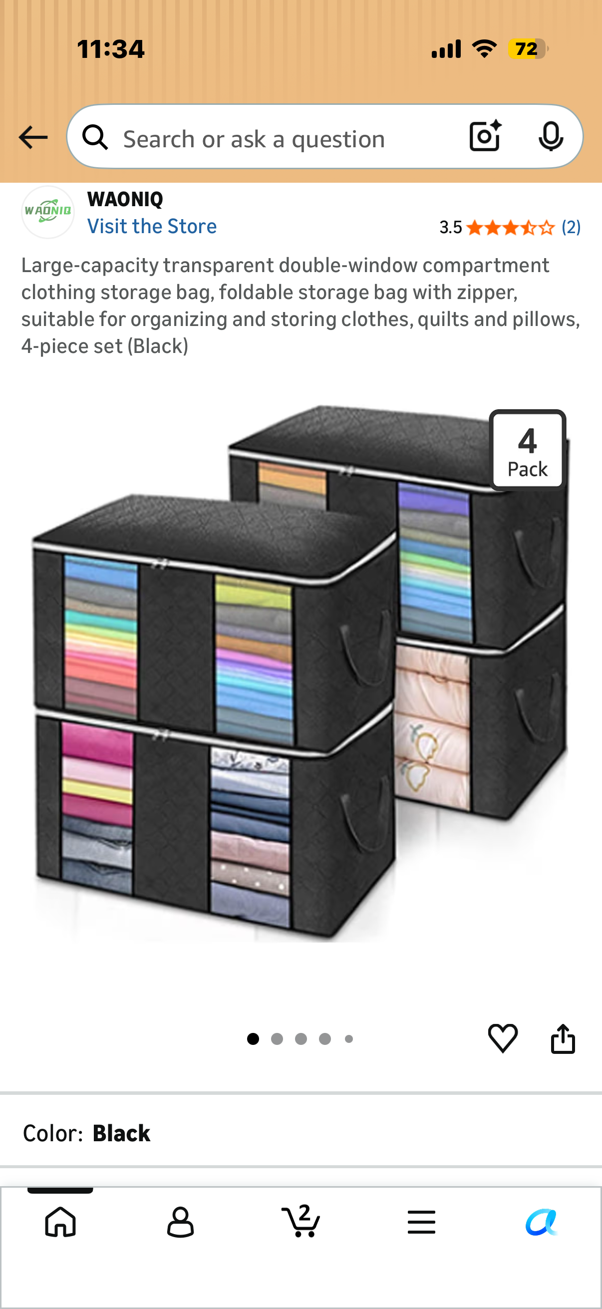 Large-capacity transparent double-window compartment clothing storage bag, foldable storage bag with zipper, suitable for organizing and storing clothes, quilts and pillows, 4-piece set (Black)
