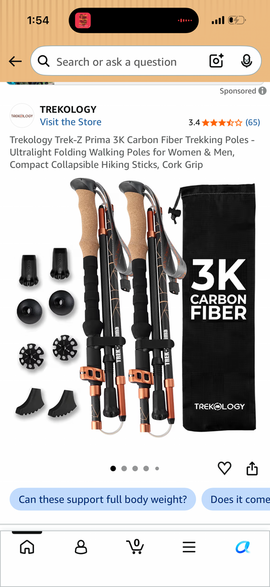 Trekology Trek-Z Prima 3K Carbon Fiber Trekking Poles - Ultralight Folding Walking Poles for Women & Men, Compact Collapsible Hiking Sticks, Cork Grip