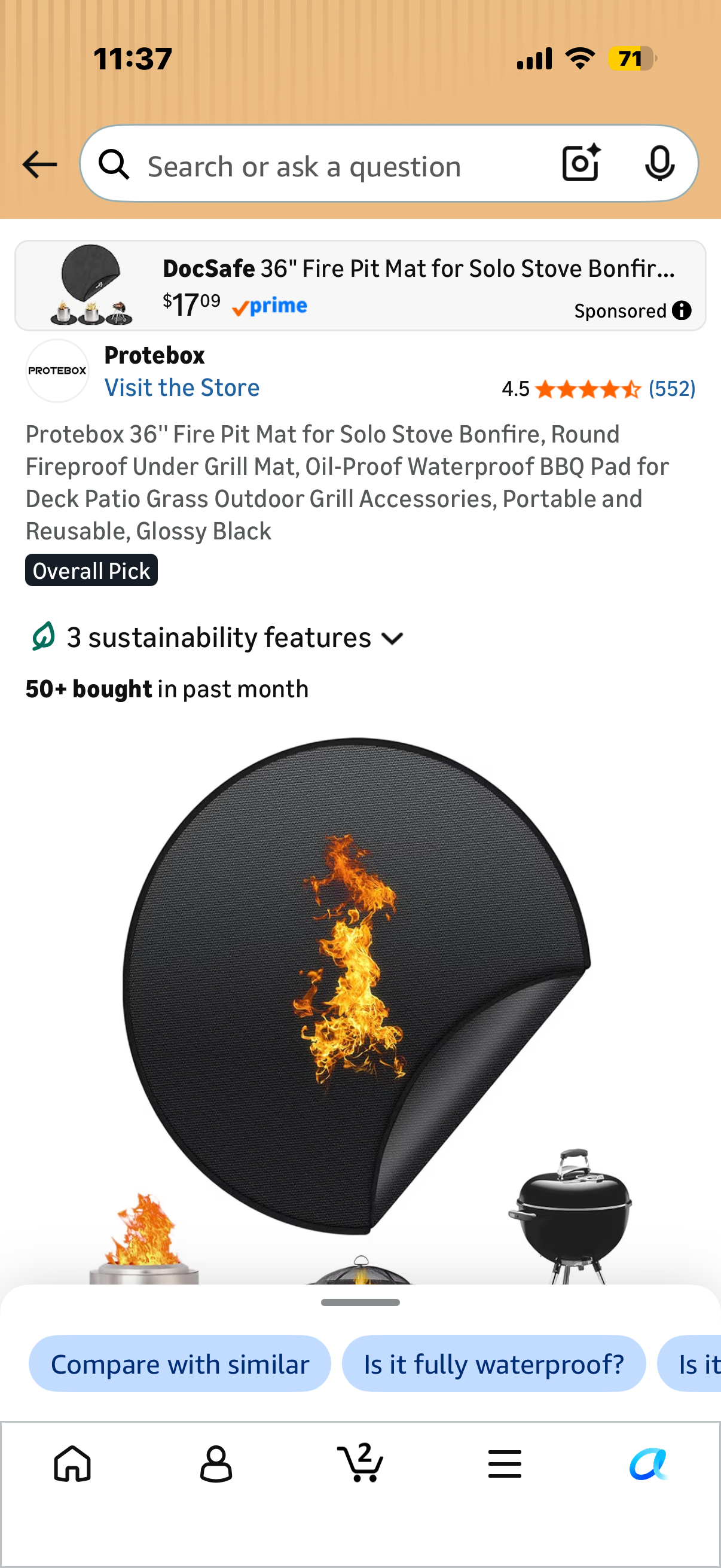 Protebox 36'' Fire Pit Mat for Solo Stove Bonfire, Round Fireproof Under Grill Mat, Oil-Proof Waterproof BBQ Pad for Deck Patio Grass Outdoor Grill Accessories, Portable and Reusable, Glossy Black