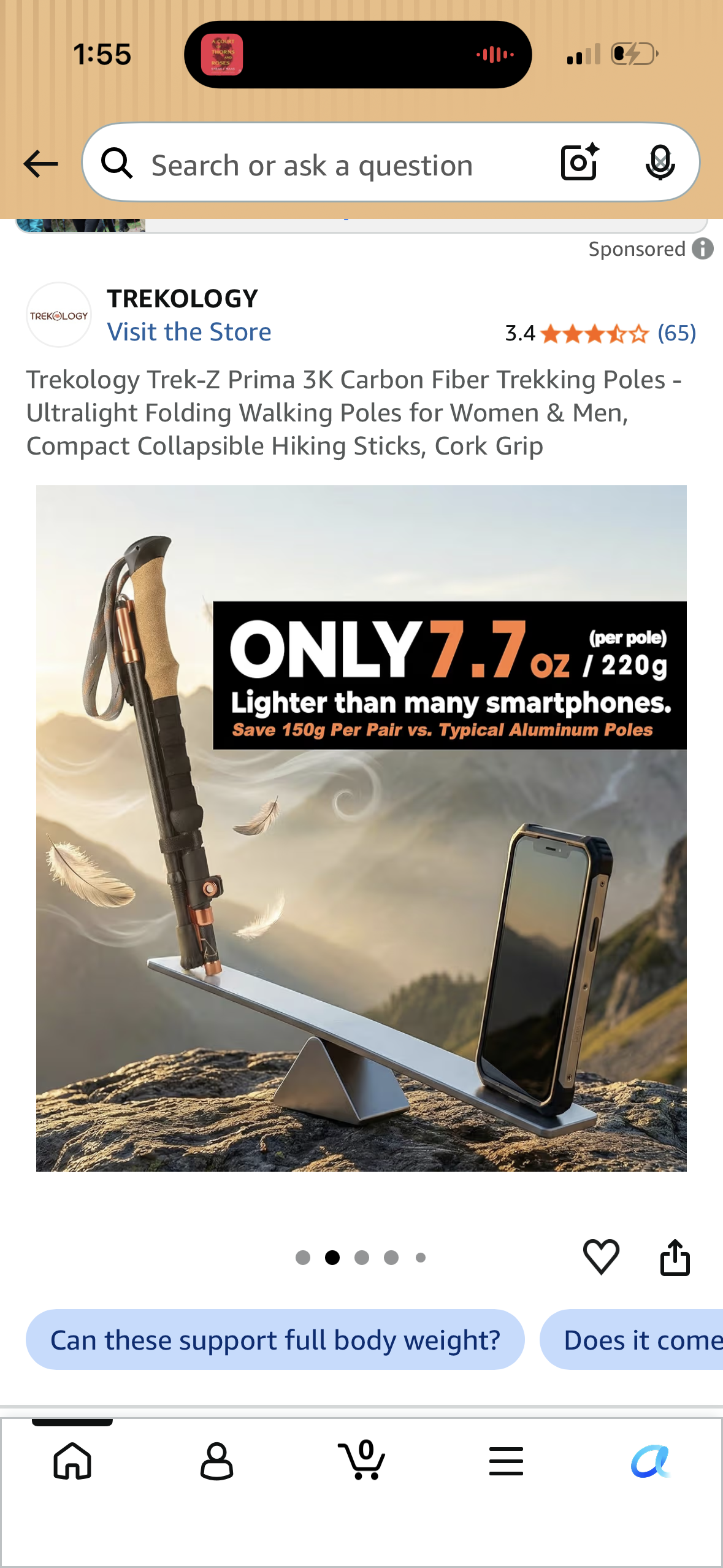 Trekology Trek-Z Prima 3K Carbon Fiber Trekking Poles - Ultralight Folding Walking Poles for Women & Men, Compact Collapsible Hiking Sticks, Cork Grip