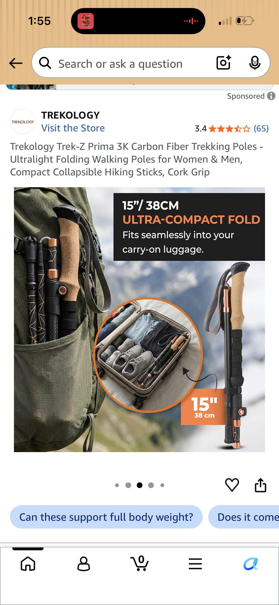 Trekology Trek-Z Prima 3K Carbon Fiber Trekking Poles - Ultralight Folding Walking Poles for Women & Men, Compact Collapsible Hiking Sticks, Cork Grip