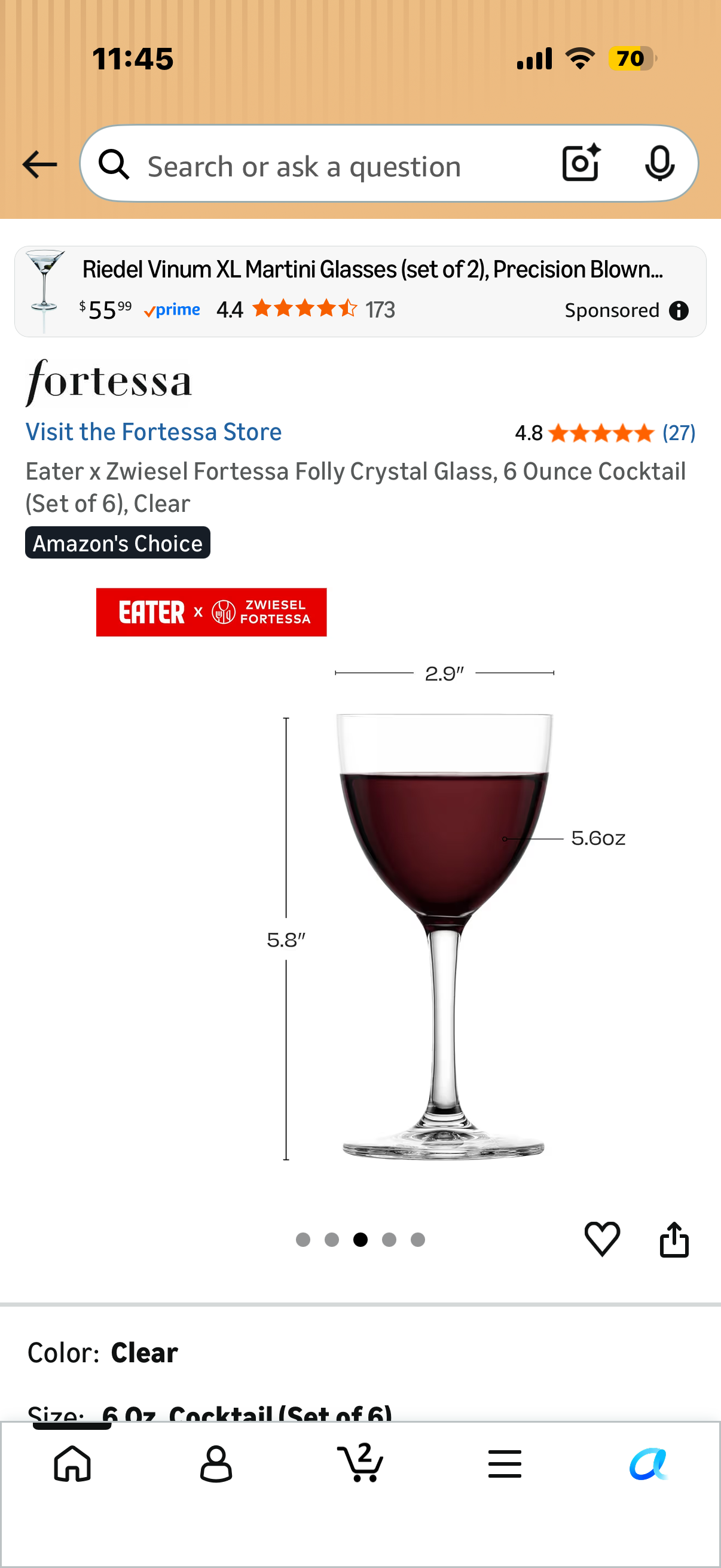 Eater x Zwiesel Fortessa Folly Crystal Glass, 6 Ounce Cocktail (Set of 6), Clear