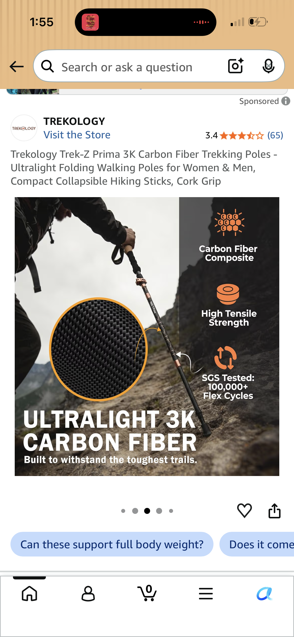Trekology Trek-Z Prima 3K Carbon Fiber Trekking Poles - Ultralight Folding Walking Poles for Women & Men, Compact Collapsible Hiking Sticks, Cork Grip