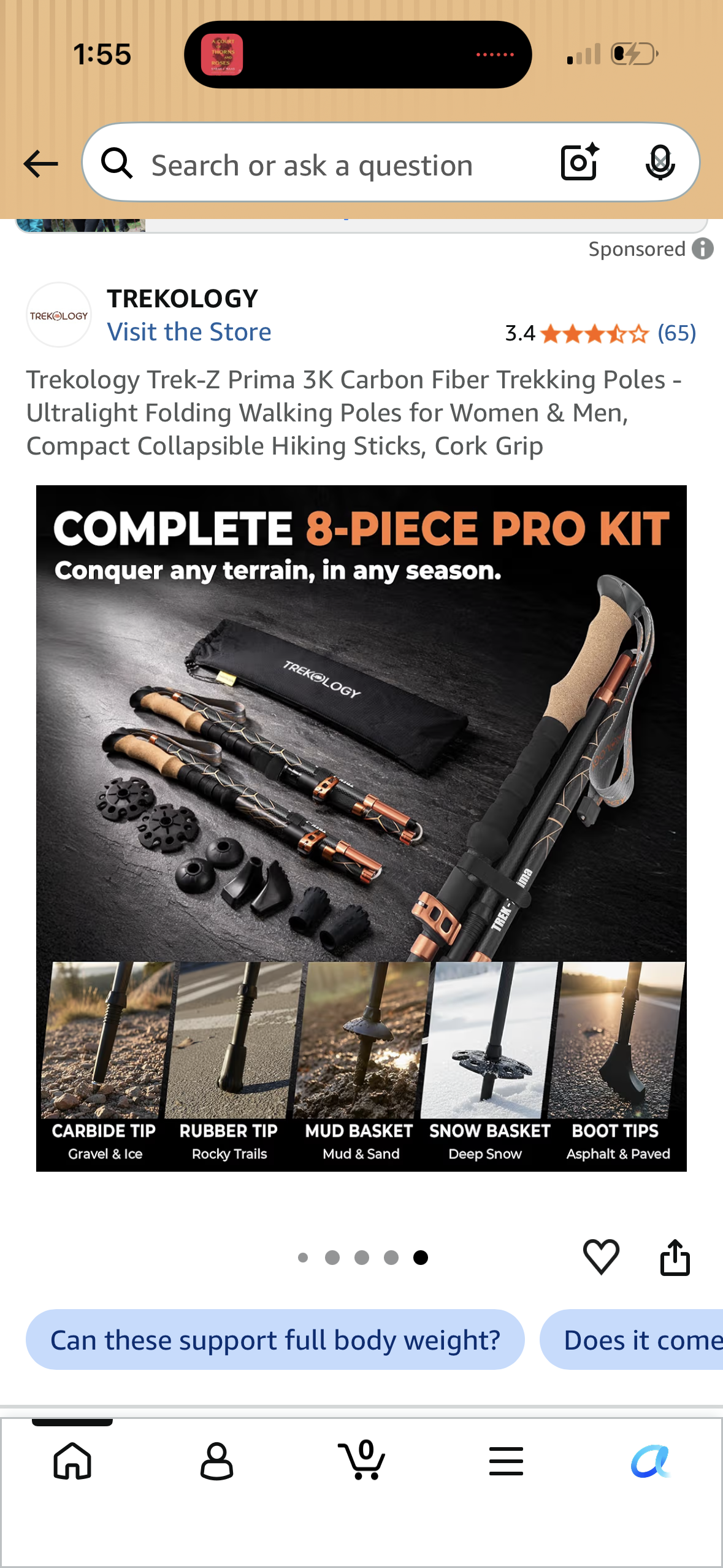 Trekology Trek-Z Prima 3K Carbon Fiber Trekking Poles - Ultralight Folding Walking Poles for Women & Men, Compact Collapsible Hiking Sticks, Cork Grip