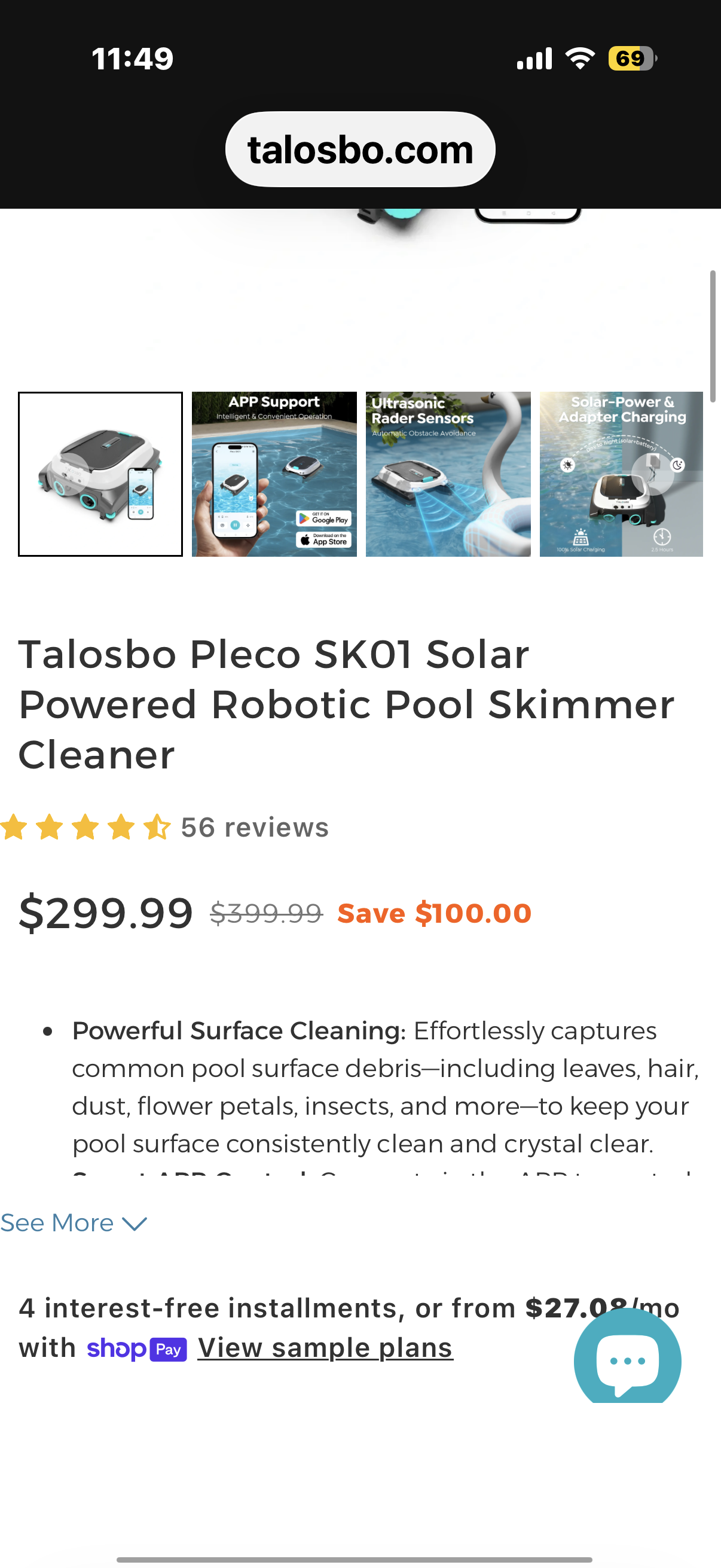 Talosbo Pleco SK01 Solar Powered Robotic Pool Skimmer Cleaner