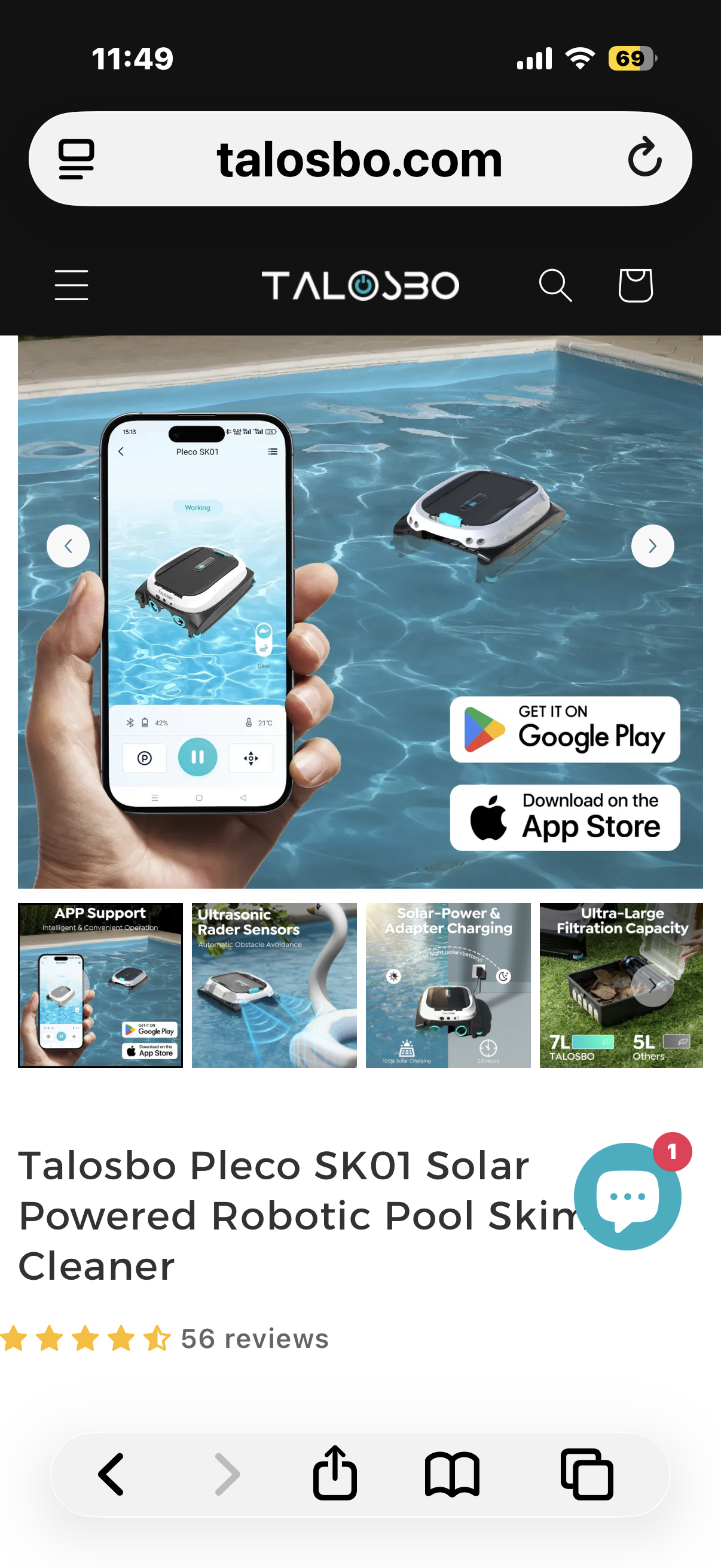 Talosbo Pleco SK01 Solar Powered Robotic Pool Skimmer Cleaner