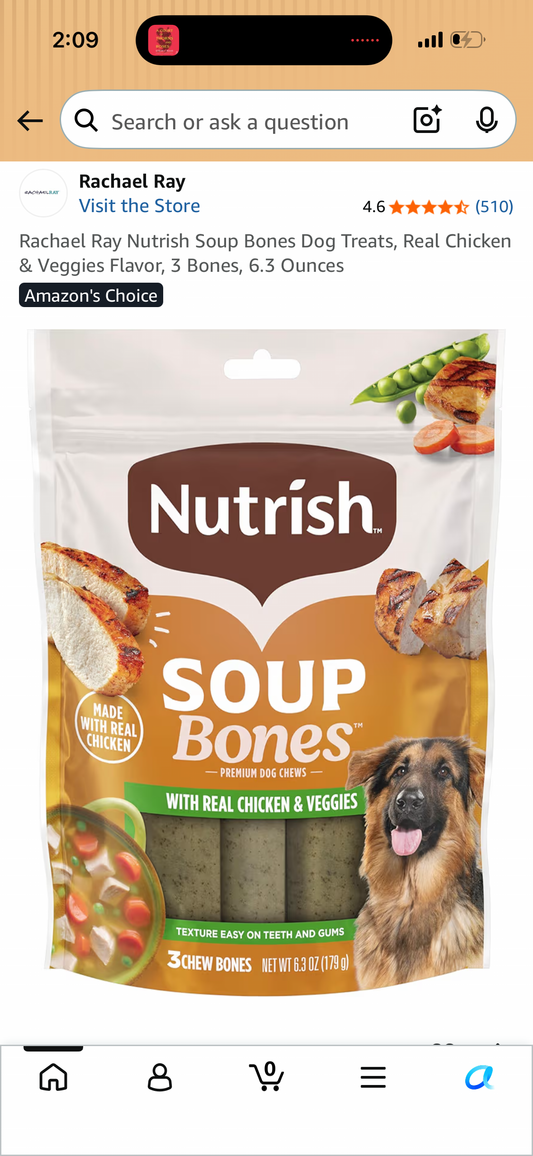 Rachael Ray Nutrish Soup Bones Dog Treats, Real Chicken & Veggies Flavor, 3 Bones, 6.3 Ounces