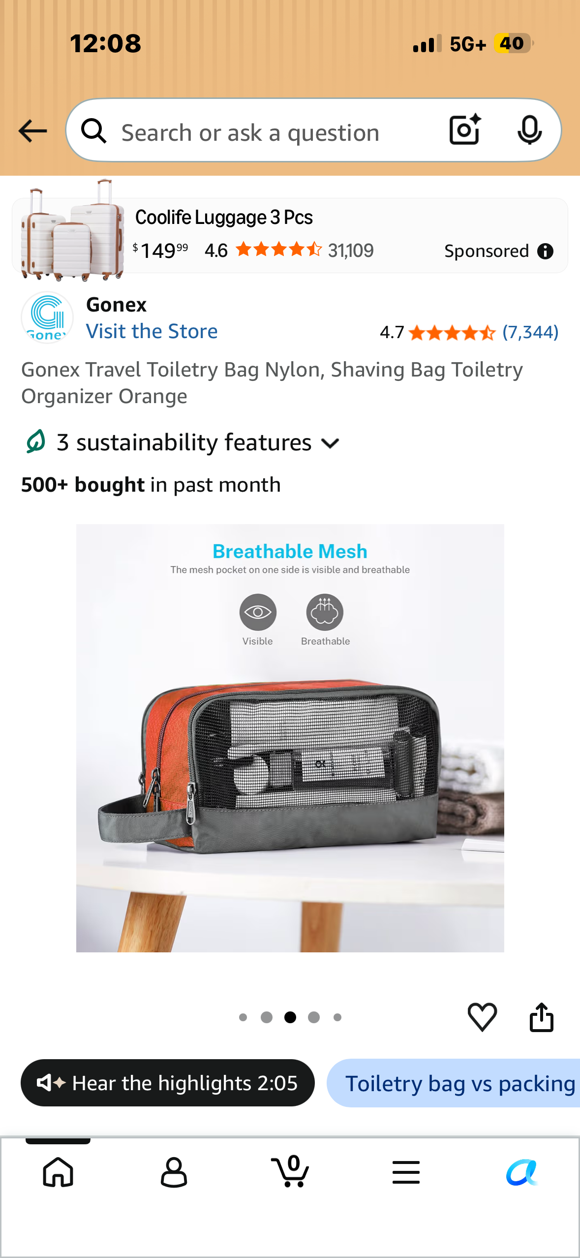 Gonex Travel Toiletry Bag Nylon, Shaving Bag Toiletry Organizer Orange