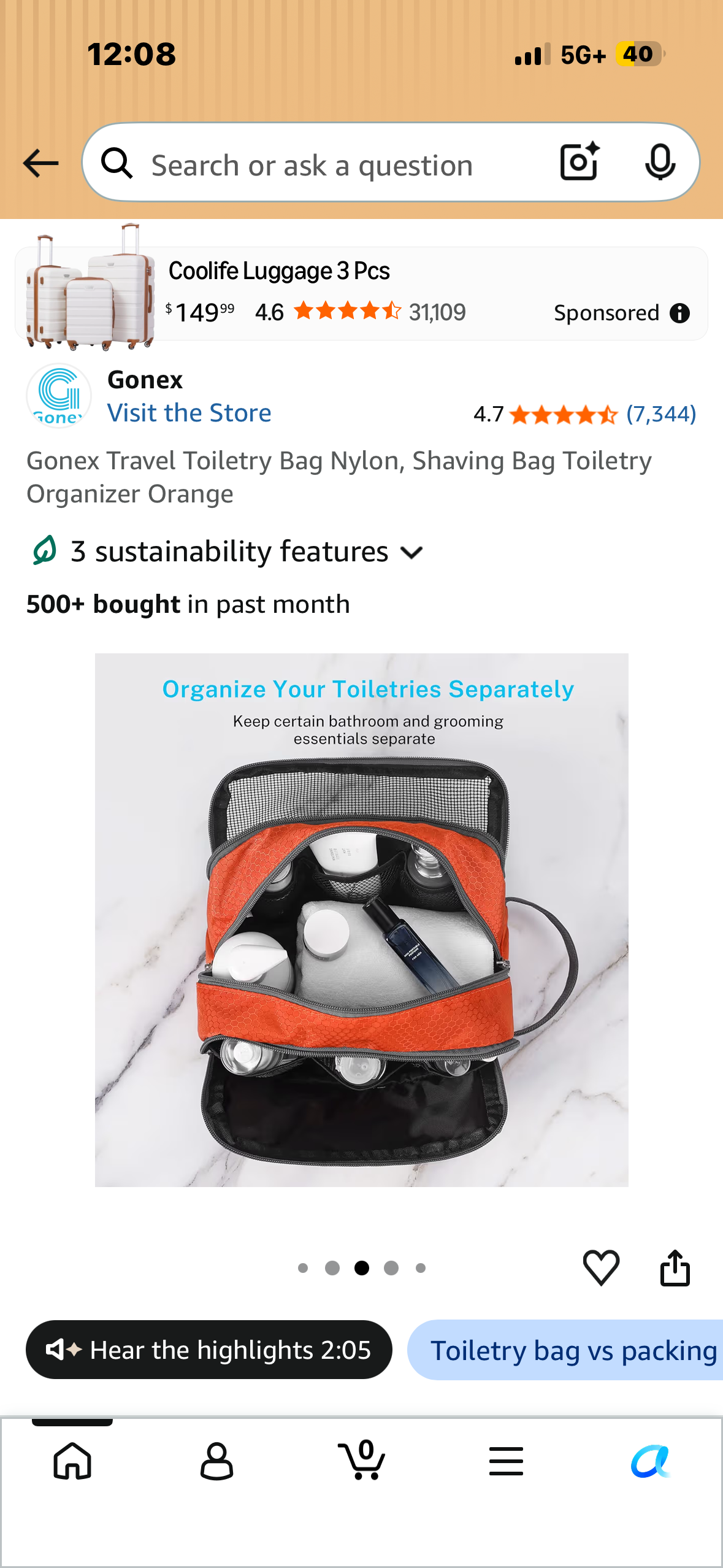 Gonex Travel Toiletry Bag Nylon, Shaving Bag Toiletry Organizer Orange