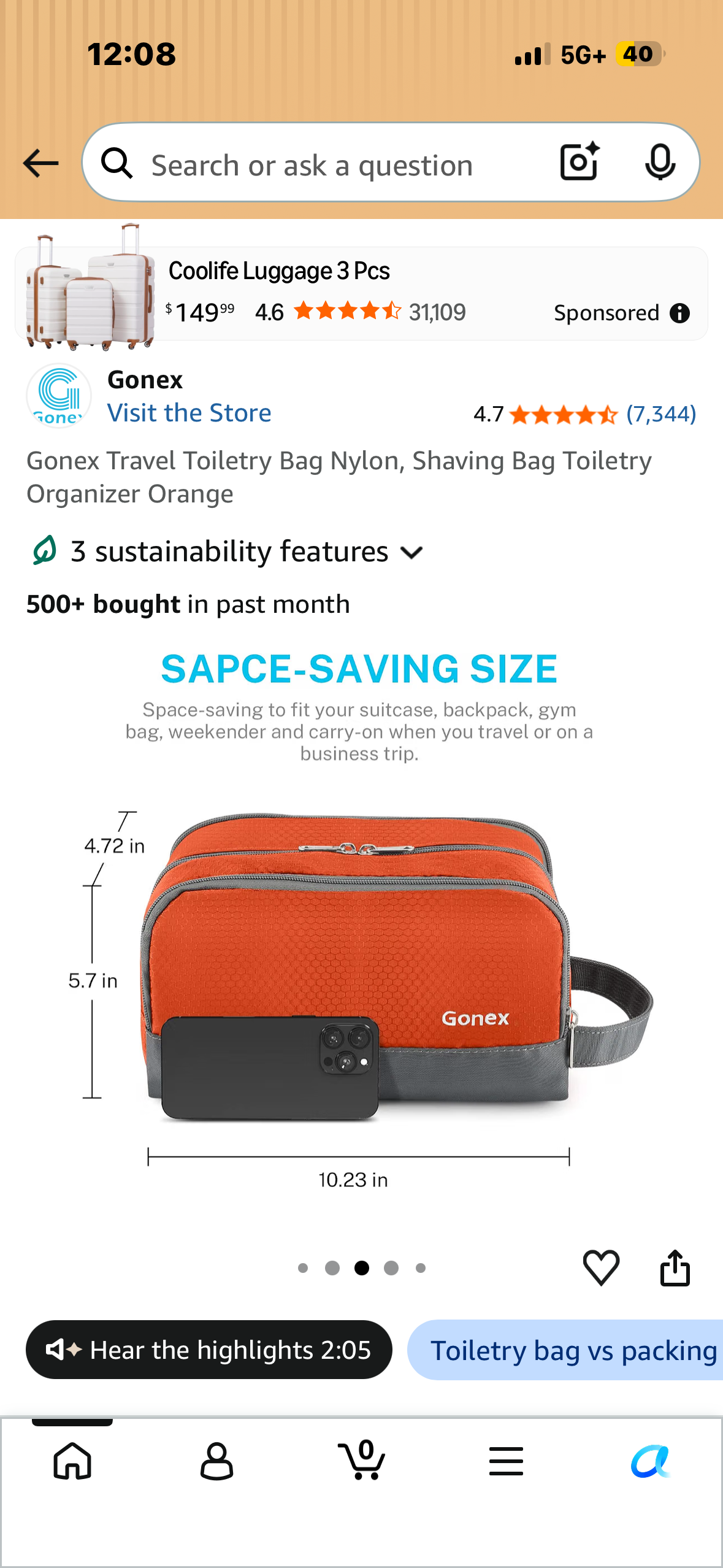 Gonex Travel Toiletry Bag Nylon, Shaving Bag Toiletry Organizer Orange