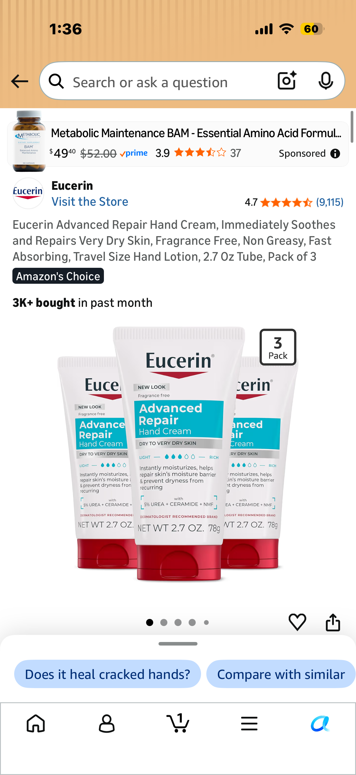 3 pack Eucerin Advanced Repair Hand Cream, Immediately Soothes and Repairs Very Dry Skin, Fragrance Free, Non Greasy, Fast Absorbing, Travel Size Hand Lotion, 2.7 Oz Tube, Pack of 3