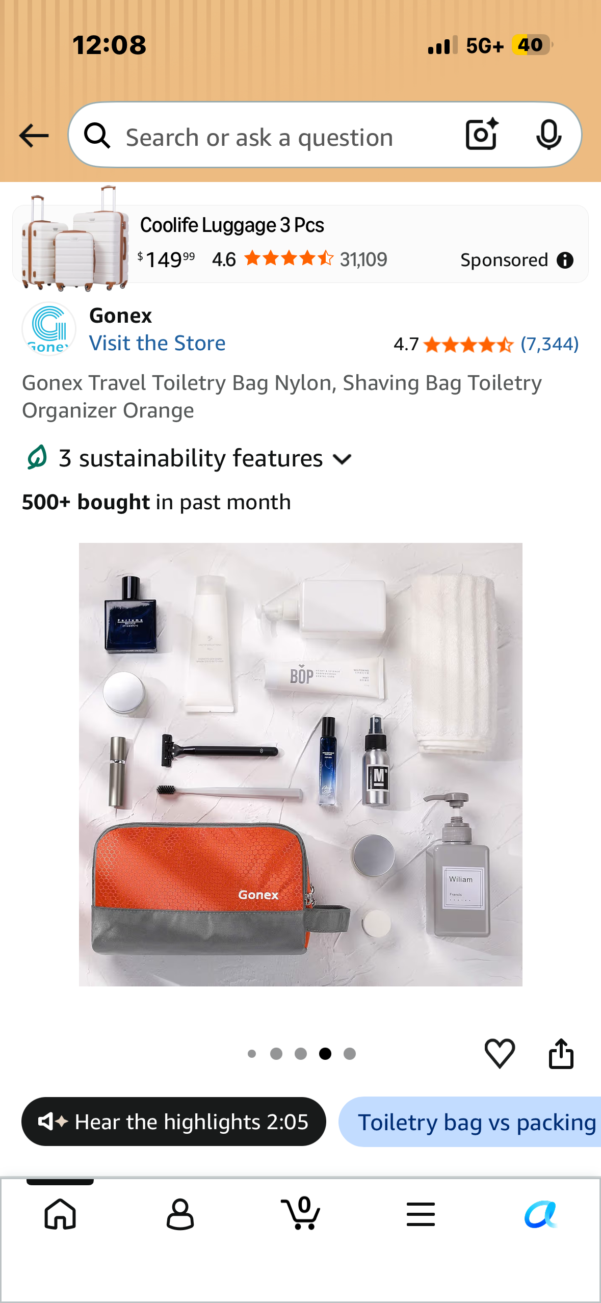 Gonex Travel Toiletry Bag Nylon, Shaving Bag Toiletry Organizer Orange