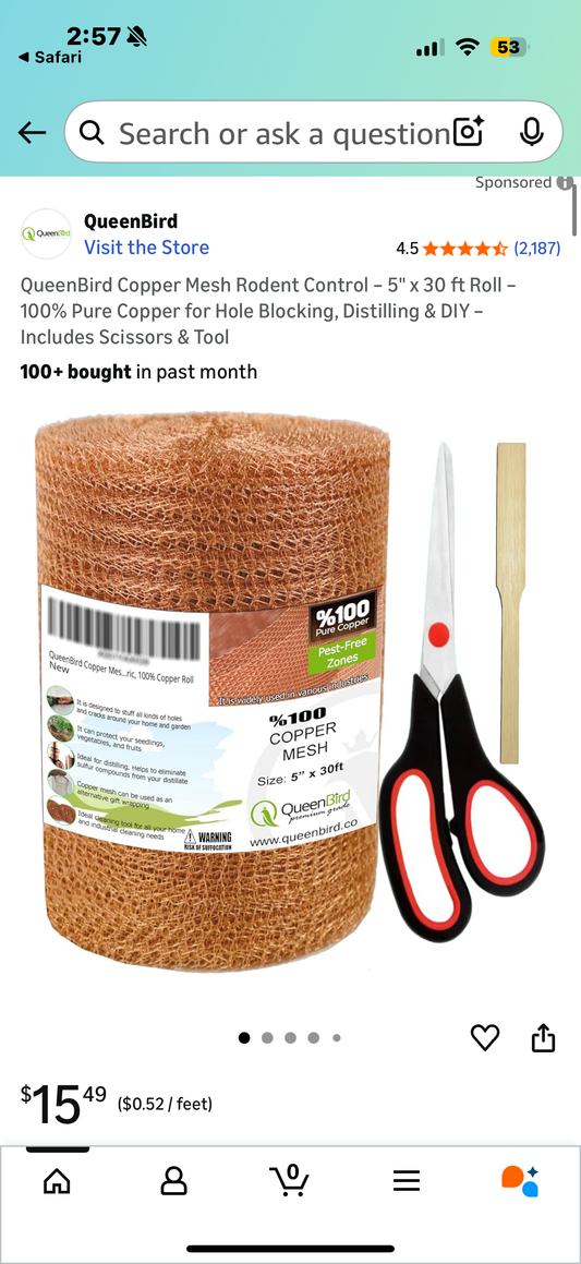 QueenBird Copper Mesh Rodent Control – 4” x 60ft Roll – 100% Pure Copper for Hole Blocking, Distilling & DIY – Includes Scissors & Tool 100+ bought in past month
