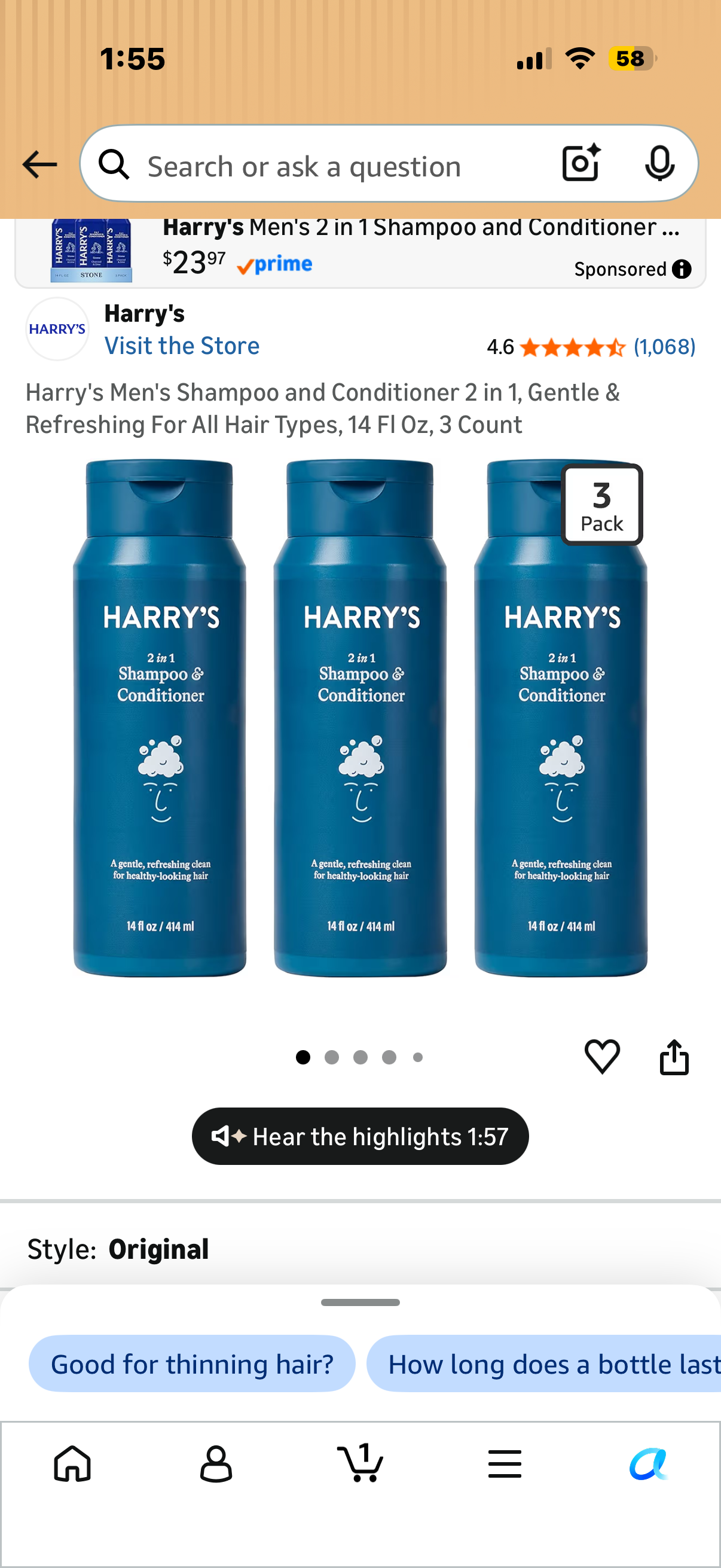 3 pack Harry's Men's Shampoo and Conditioner 2 in 1, Gentle & Refreshing For All Hair Types, 14 Fl Oz, 3 Count