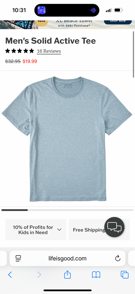 Life Is Good Men’s Solid Active Tee Size XL