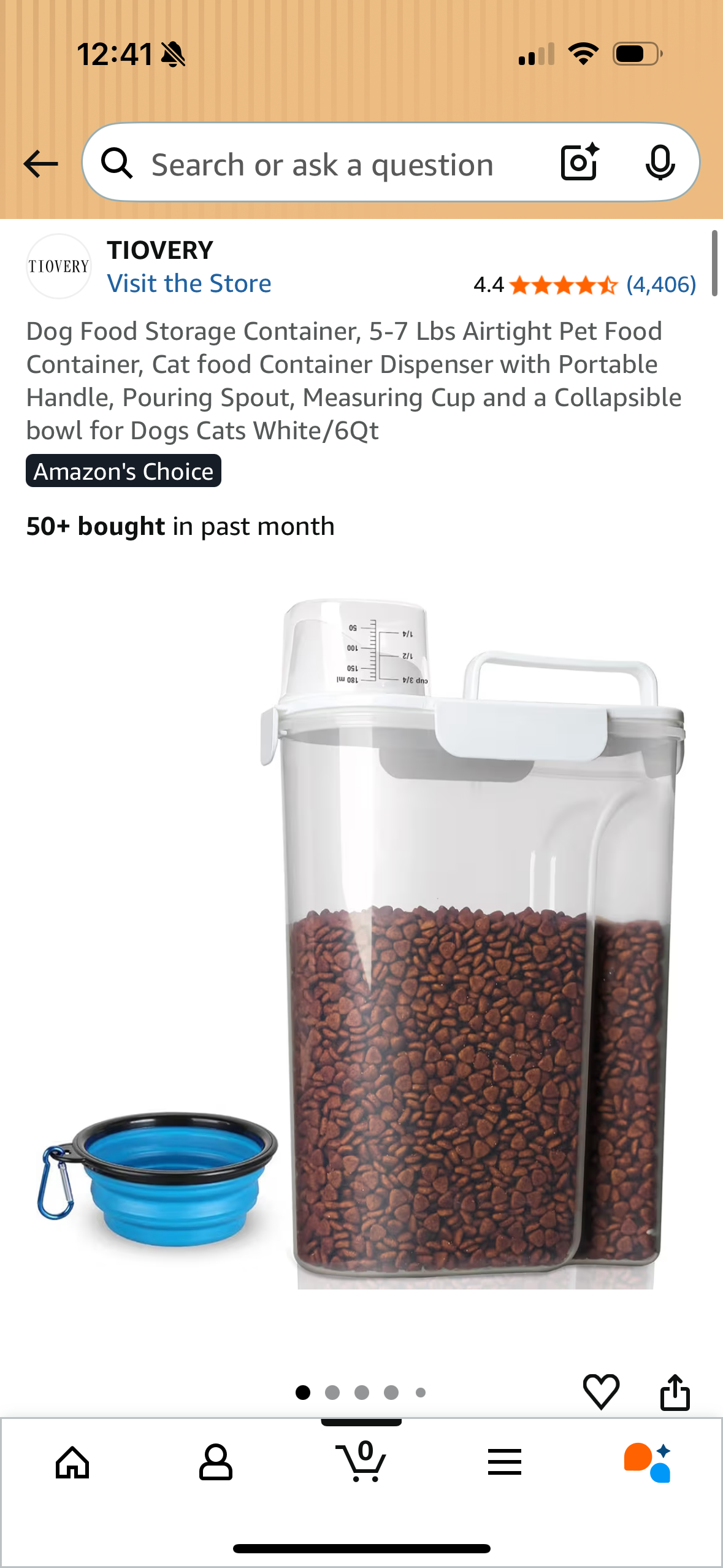 Dog Food Storage Container, 5-7 Lbs Airtight Pet Food Container, Cat food Container Dispenser with Portable Handle, Pouring Spout, Measuring Cup and a Collapsible bowl for Dogs Cats White/6Qt