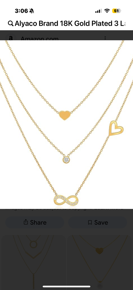 Alyaco Brand 18K Gold Plated 3 Layered Necklace for Women, Stainless Steel Heart, Infinity & Sparkling Crystal Pendant, Elegant Adjustable Waterproof Hypoallergenic Jewelry, Gift for Her