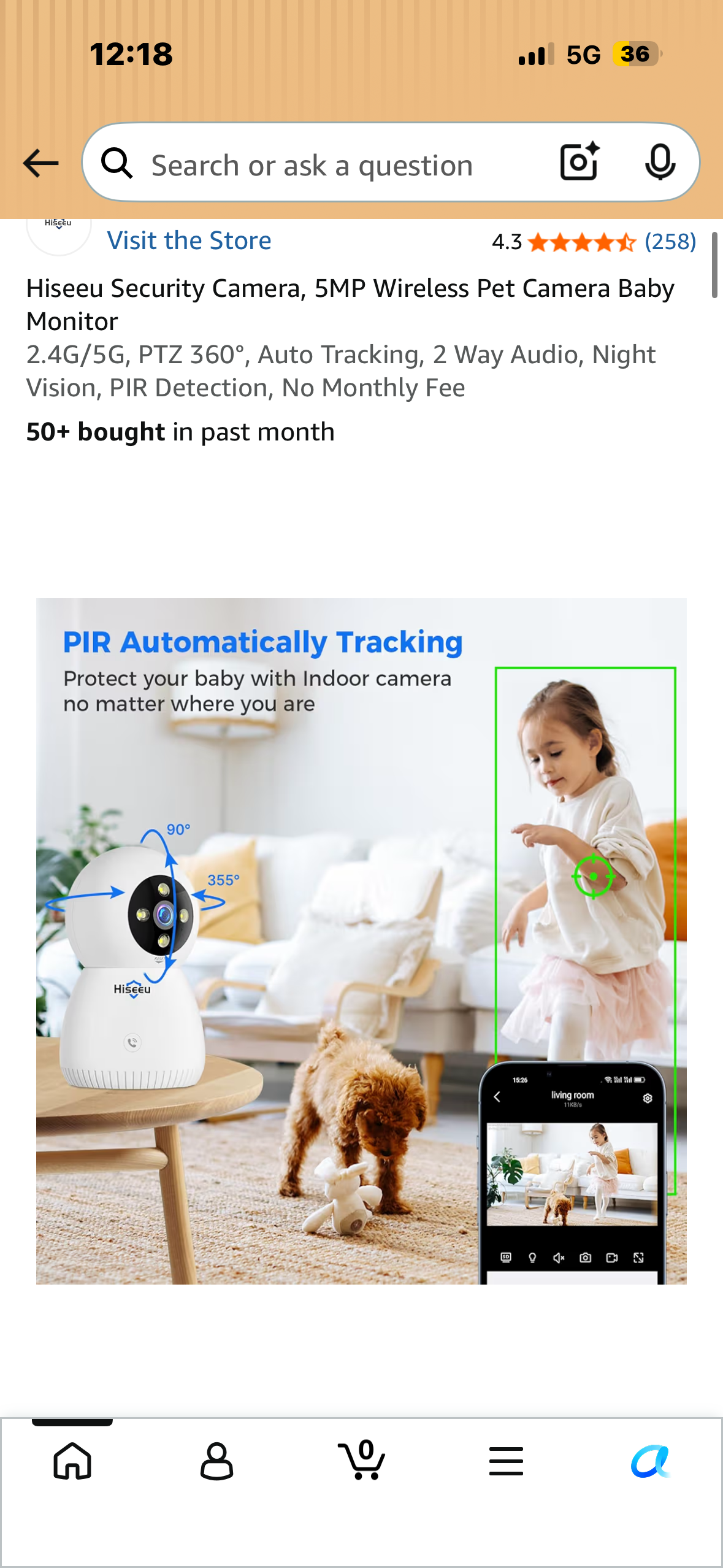 Hiseeu Security Camera, 5MP Wireless Monitor, 2.4G/5G, PTZ 360°, Auto Tracking, 2 Way Audio, Night Vision, PIR Detection