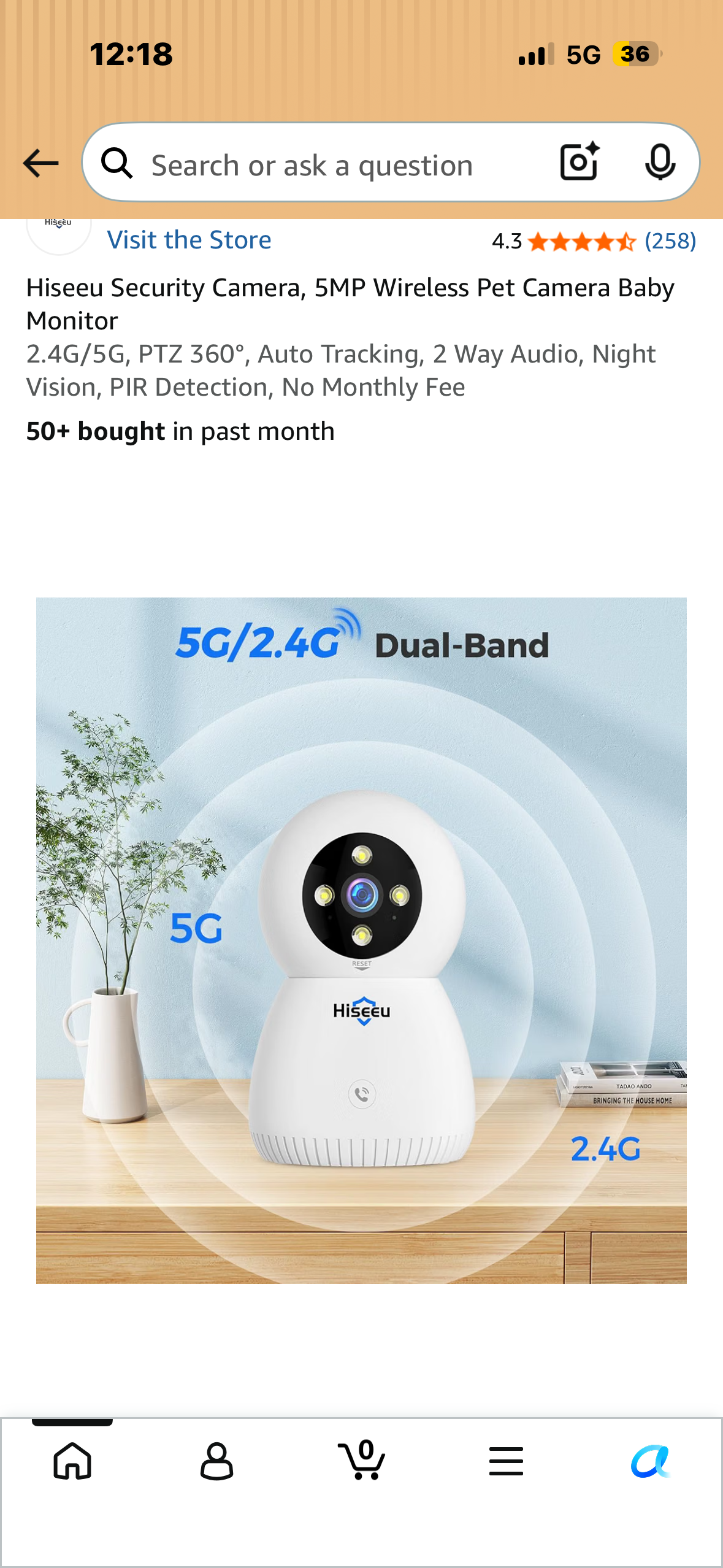 Hiseeu Security Camera, 5MP Wireless Monitor, 2.4G/5G, PTZ 360°, Auto Tracking, 2 Way Audio, Night Vision, PIR Detection