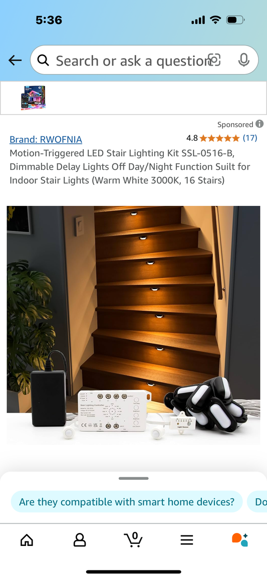Motion-Triggered LED Stair Lighting Kit SSL-0516-B, Dimmable Delay Lights Off Day/Night Function Suilt for Indoor Stair Lights (Warm White 3000K, 16 Stairs