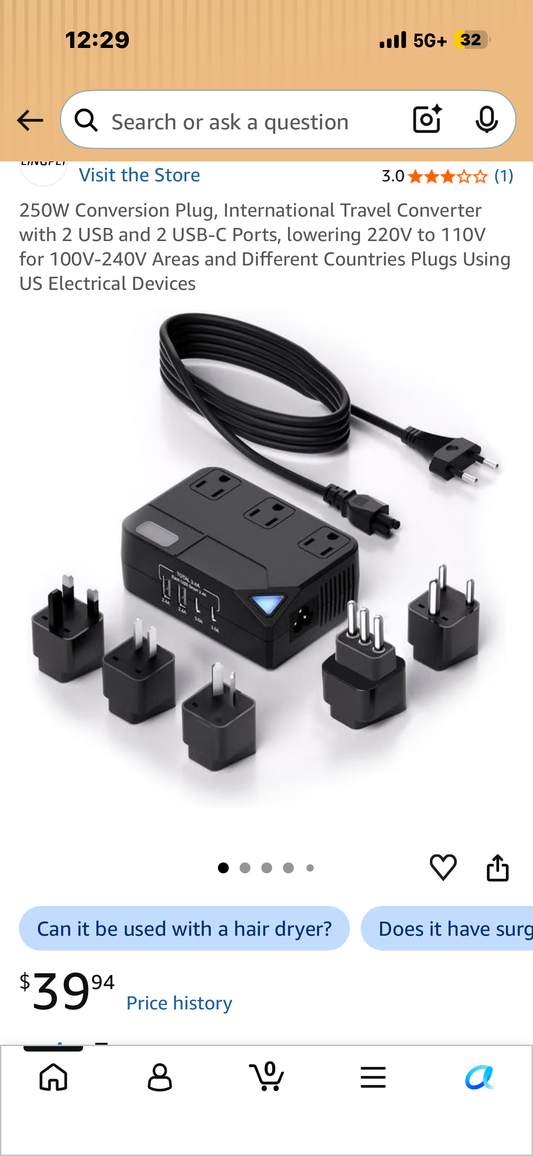 250W Conversion Plug, International Travel Converter with 2 USB and 2 USB-C Ports, lowering 220V to 110V for 100V-240V Areas and Different Countries Plugs Using US Electrical Devices