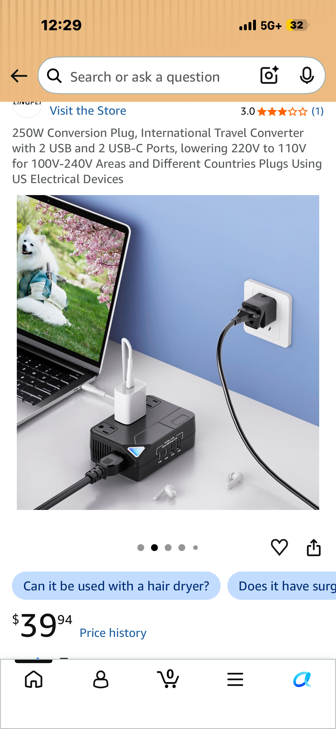 250W Conversion Plug, International Travel Converter with 2 USB and 2 USB-C Ports, lowering 220V to 110V for 100V-240V Areas and Different Countries Plugs Using US Electrical Devices