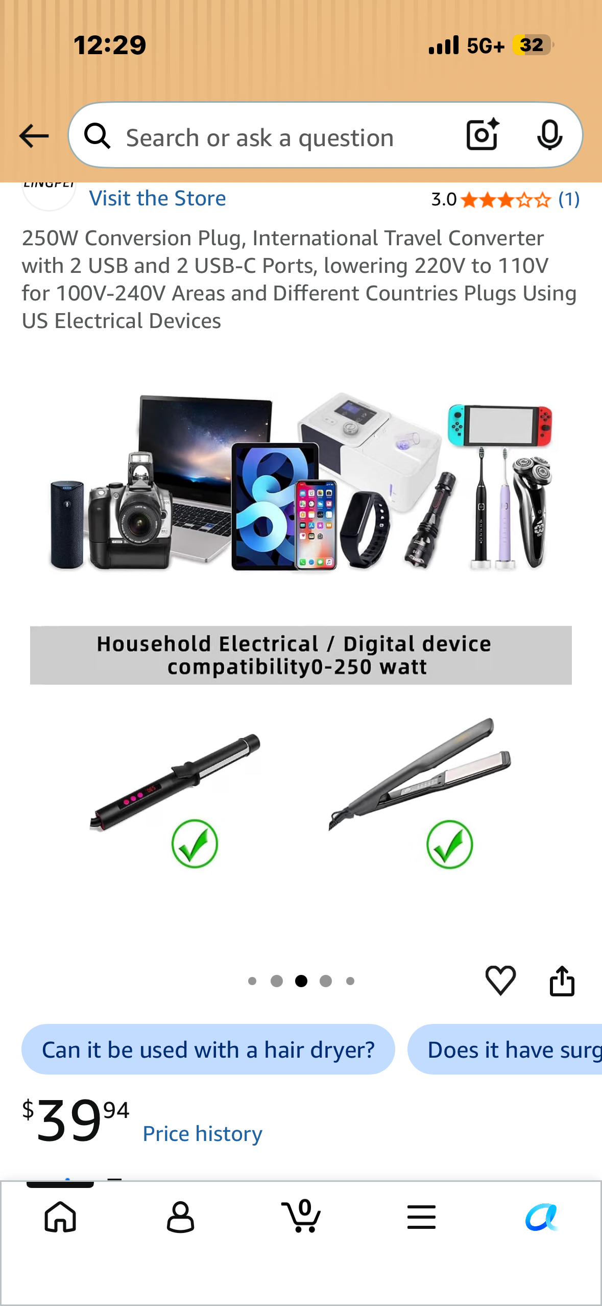 250W Conversion Plug, International Travel Converter with 2 USB and 2 USB-C Ports, lowering 220V to 110V for 100V-240V Areas and Different Countries Plugs Using US Electrical Devices
