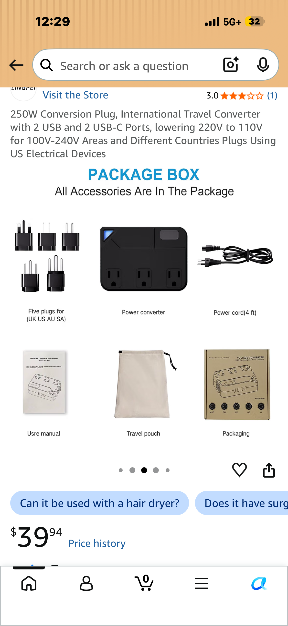 250W Conversion Plug, International Travel Converter with 2 USB and 2 USB-C Ports, lowering 220V to 110V for 100V-240V Areas and Different Countries Plugs Using US Electrical Devices