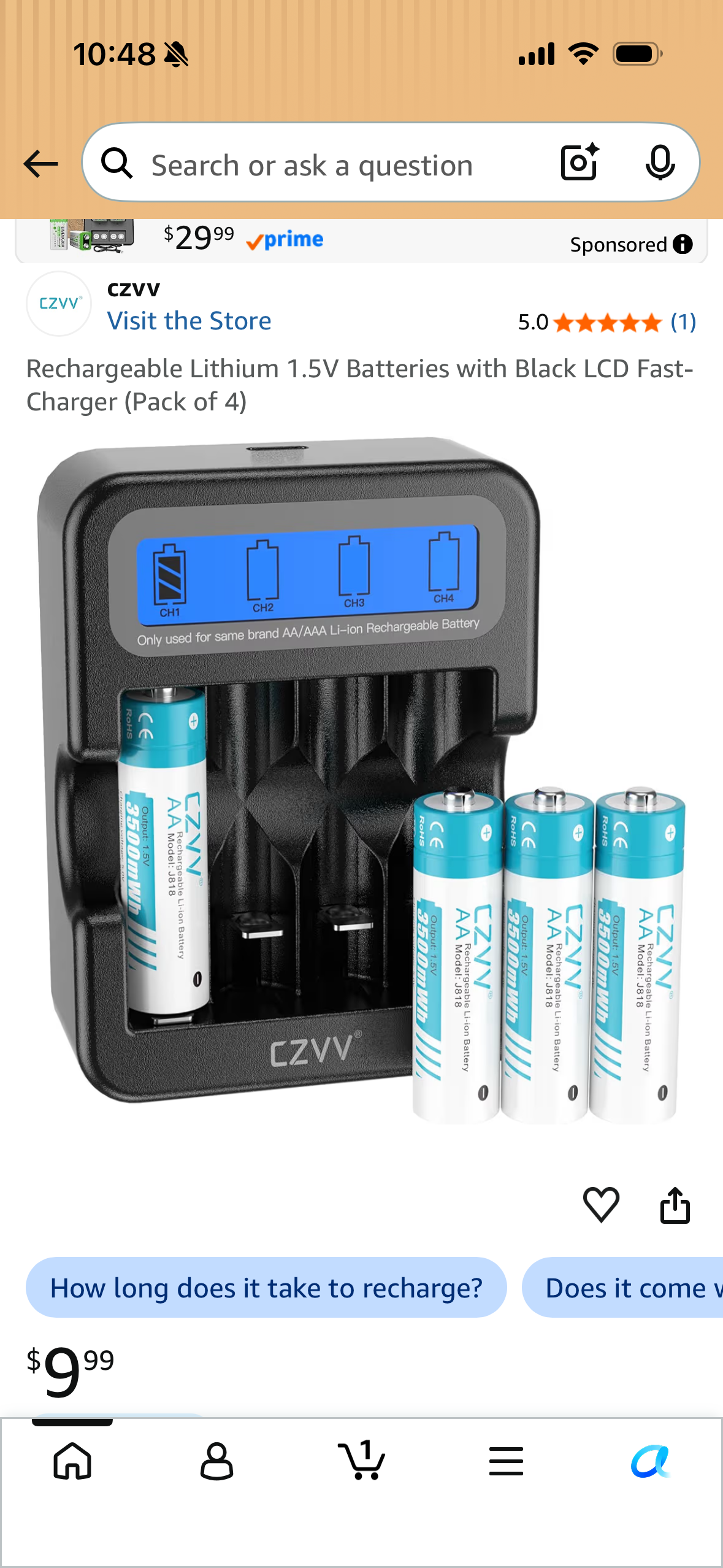 Rechargeable Lithium 1.5V Batteries with Black LCD Fast-Charger (Pack of 4)