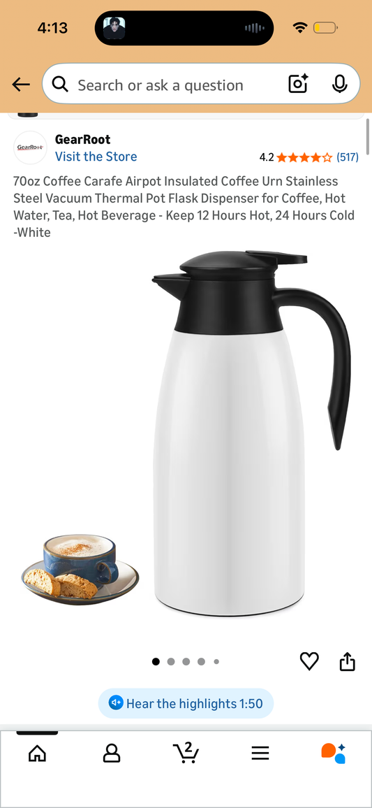 Tgvasz 68oz Thermal Coffee Carafe - Insulated Stainless Steel Vacuum Pot for Hot Liquids, Water - Keeps Hot 12 Hours (Black+White)