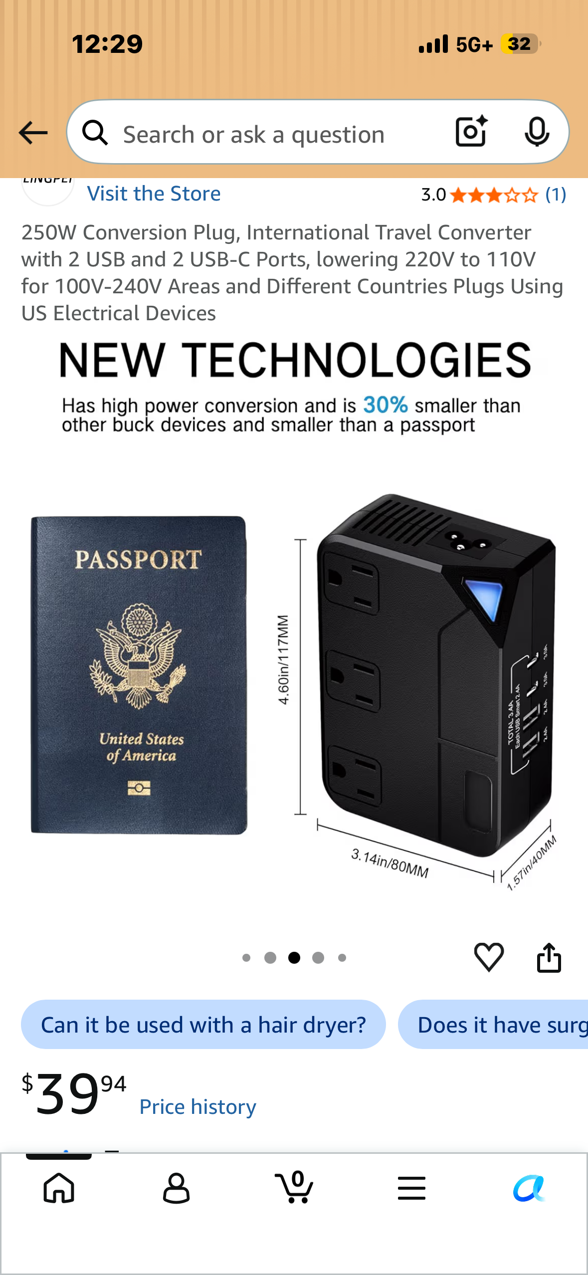250W Conversion Plug, International Travel Converter with 2 USB and 2 USB-C Ports, lowering 220V to 110V for 100V-240V Areas and Different Countries Plugs Using US Electrical Devices