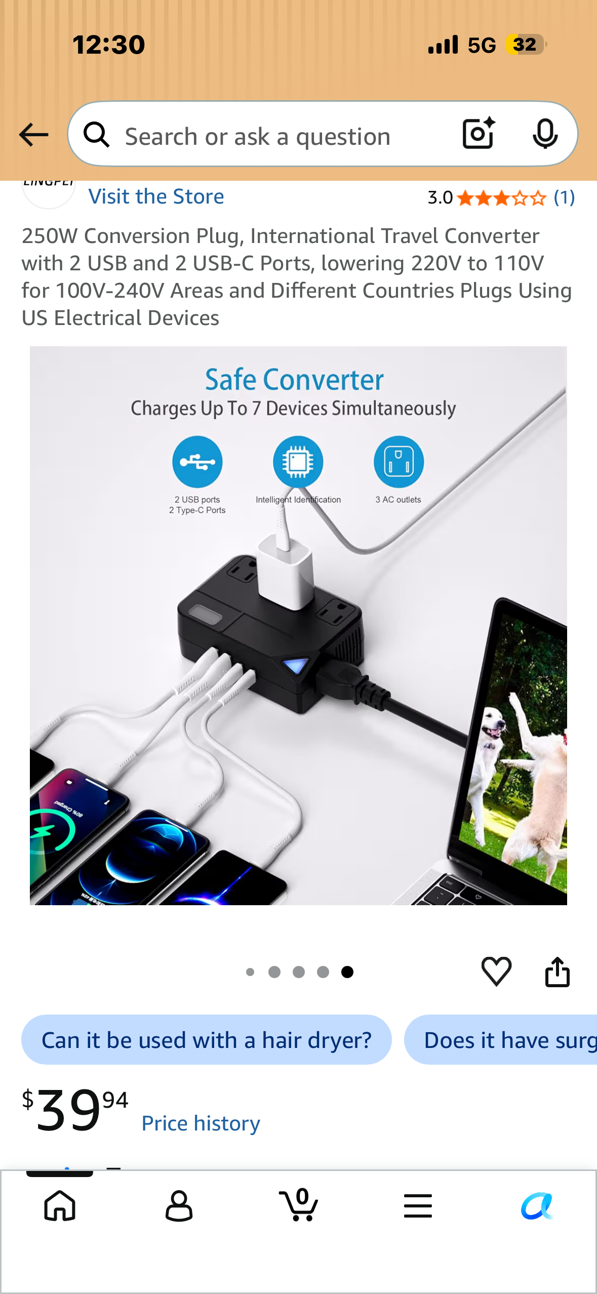 250W Conversion Plug, International Travel Converter with 2 USB and 2 USB-C Ports, lowering 220V to 110V for 100V-240V Areas and Different Countries Plugs Using US Electrical Devices