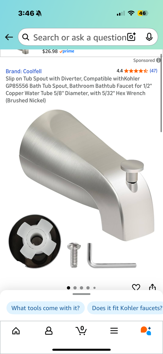 Slip on Tub Spout with Diverter, Compatible withKohler GP85556 Bath Tub Spout, Bathroom Bathtub Faucet for 1/2" Copper Water Tube 5/8" Diameter, with 5/32" Hex Wrench (Brushed Nickel