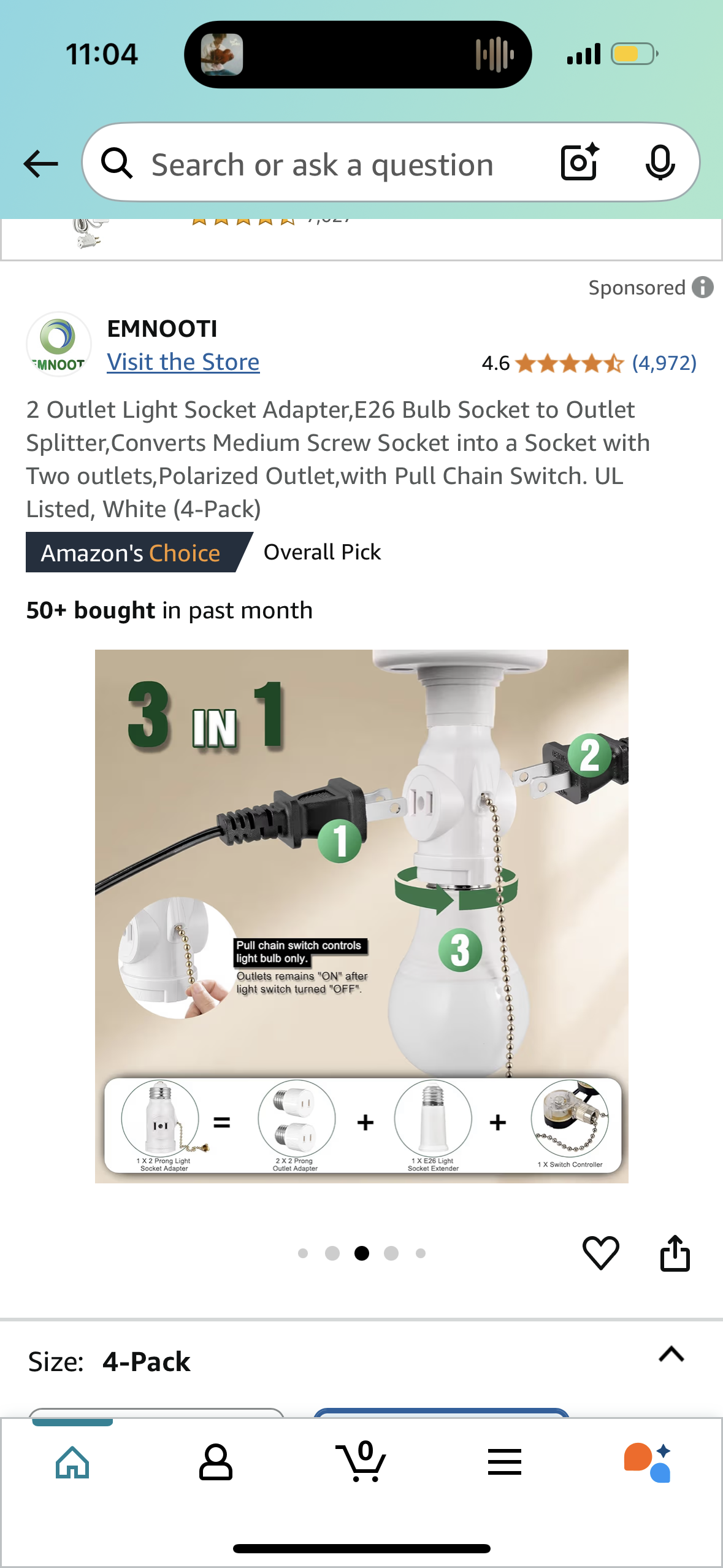 Outlet Light Socket Adapter,E26 Bulb Socket to Outlet Splitter,Converts Medium Screw Socket into a Socket with Two outlets,Polarized Outlet,with Pull Chain Switch. UL Listed, White (4-Pack)
