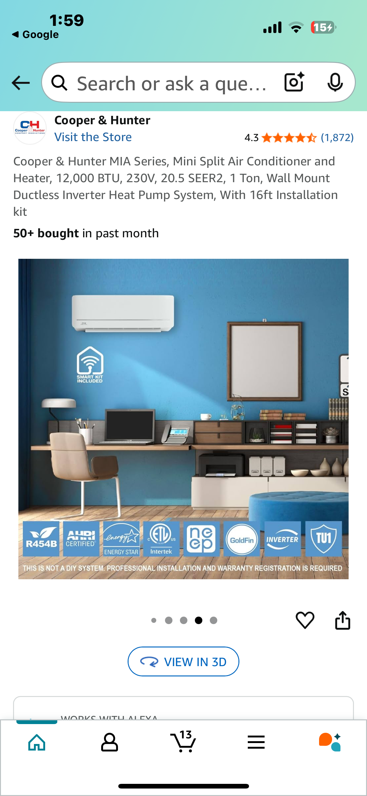 Cooper & Hunter MIA Series, Mini Split Air Conditioner and Heater, 12,000 BTU, 230V, 20.5 SEER2, 1 Ton, Wall Mount Ductless Inverter Heat Pump System, CH-NY12MIA-230 (R600)