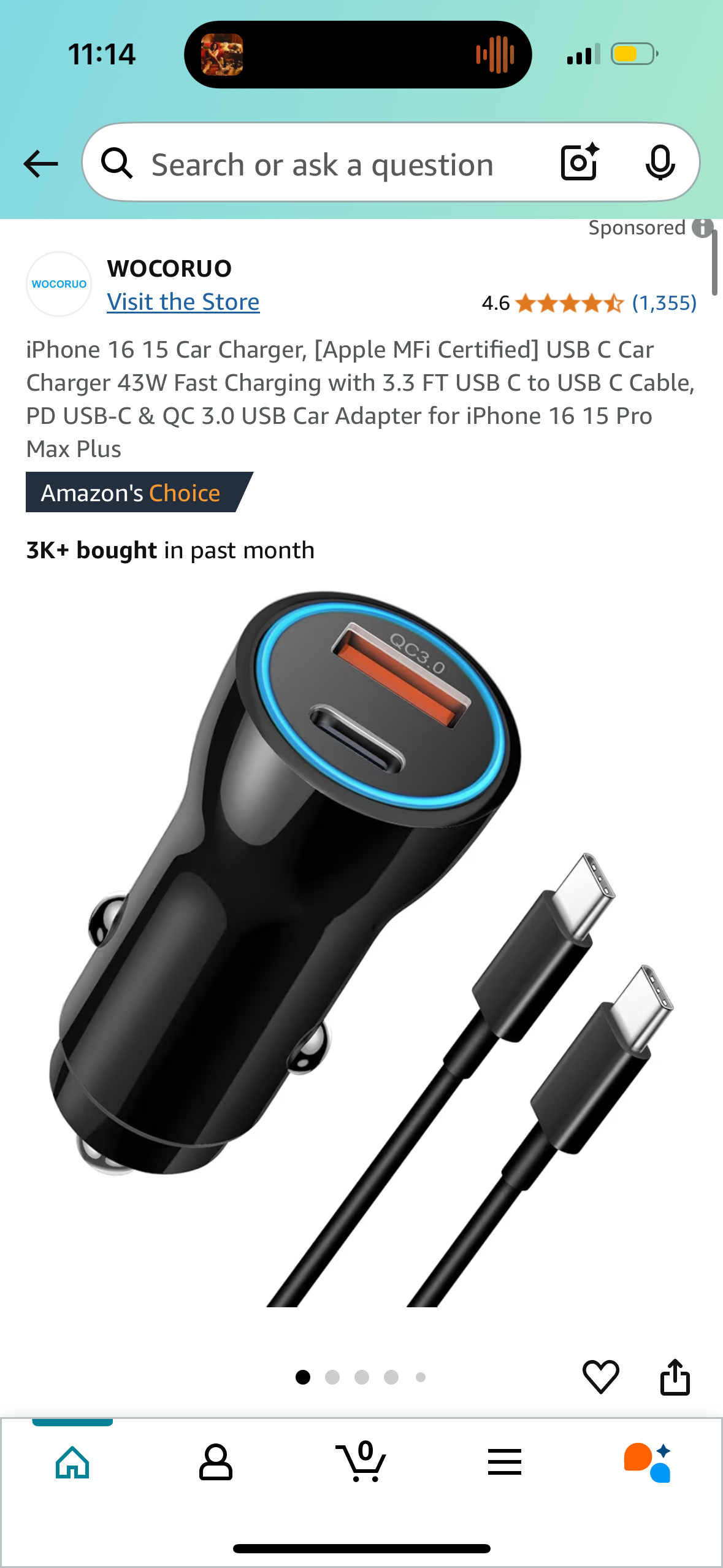 iPhone 16 15 Car Charger, [Apple MFi Certified] USB C Car Charger 43W Fast Charging with 3.3 FT USB C to USB C Cable, PD USB-C & QC 3.0 USB Car Adapter for iPhone 16 15 Pro Max Plus