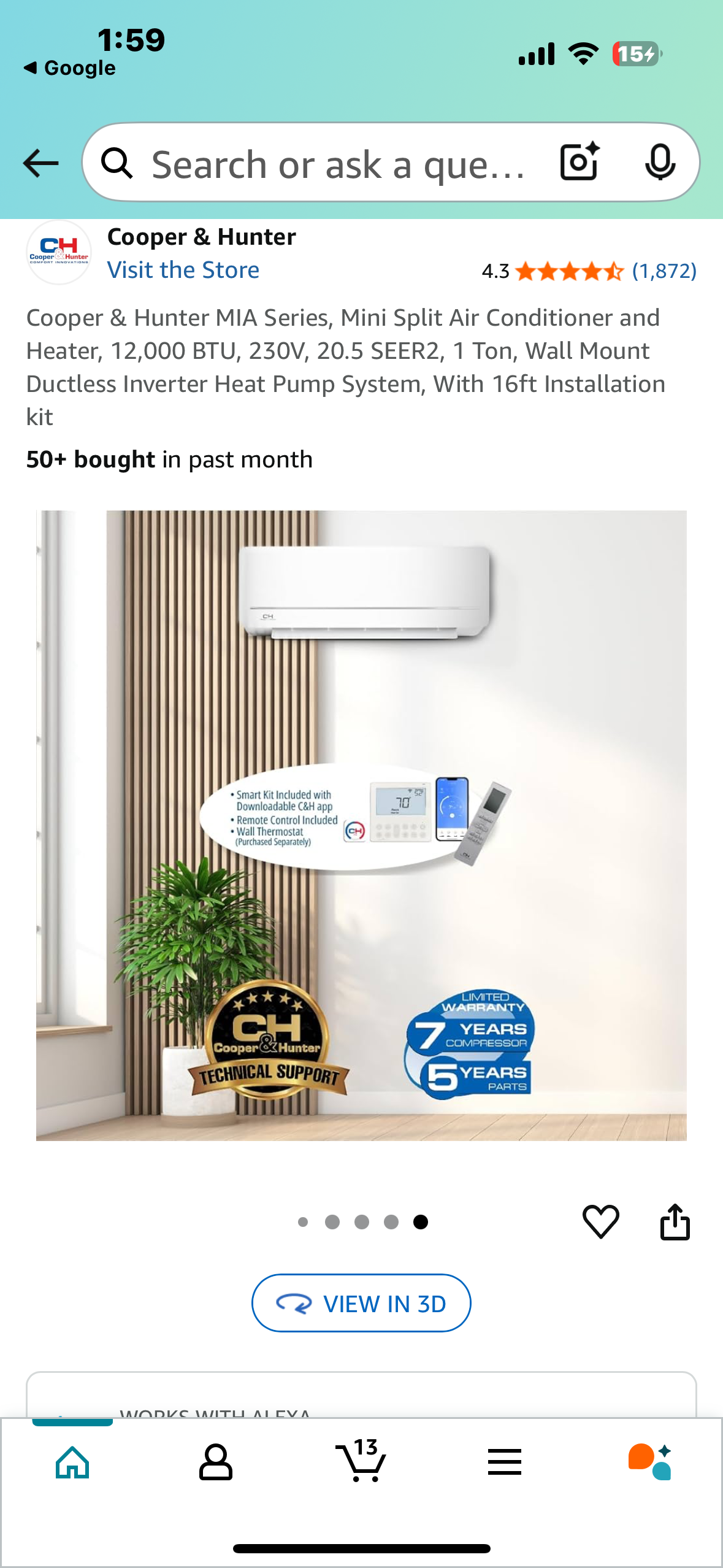 Cooper & Hunter MIA Series, Mini Split Air Conditioner and Heater, 12,000 BTU, 230V, 20.5 SEER2, 1 Ton, Wall Mount Ductless Inverter Heat Pump System, CH-NY12MIA-230 (R600)