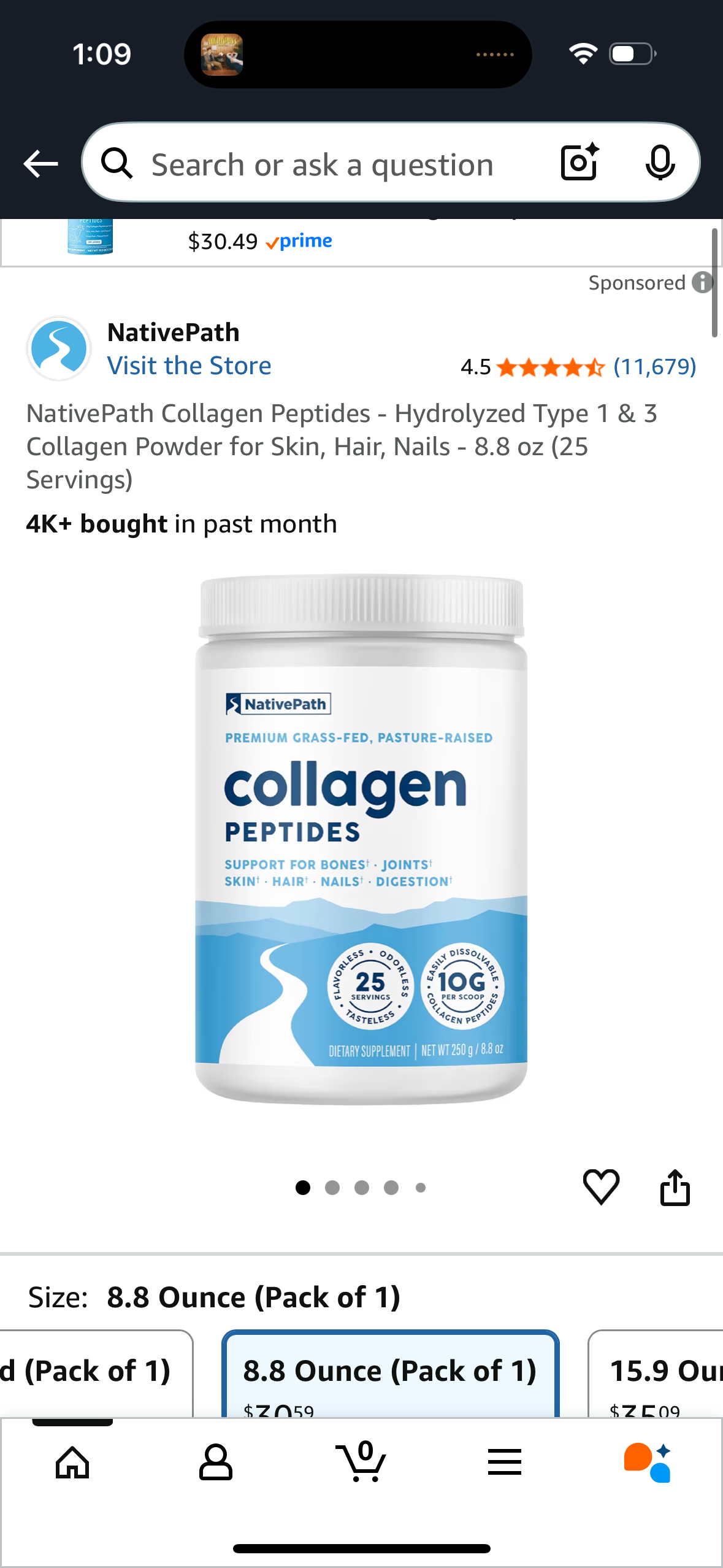 NativePath Collagen Peptides - Hydrolyzed Type 1 & 3 Collagen Powder for Skin, Hair, Nails - 8.8 oz (25 Servings)