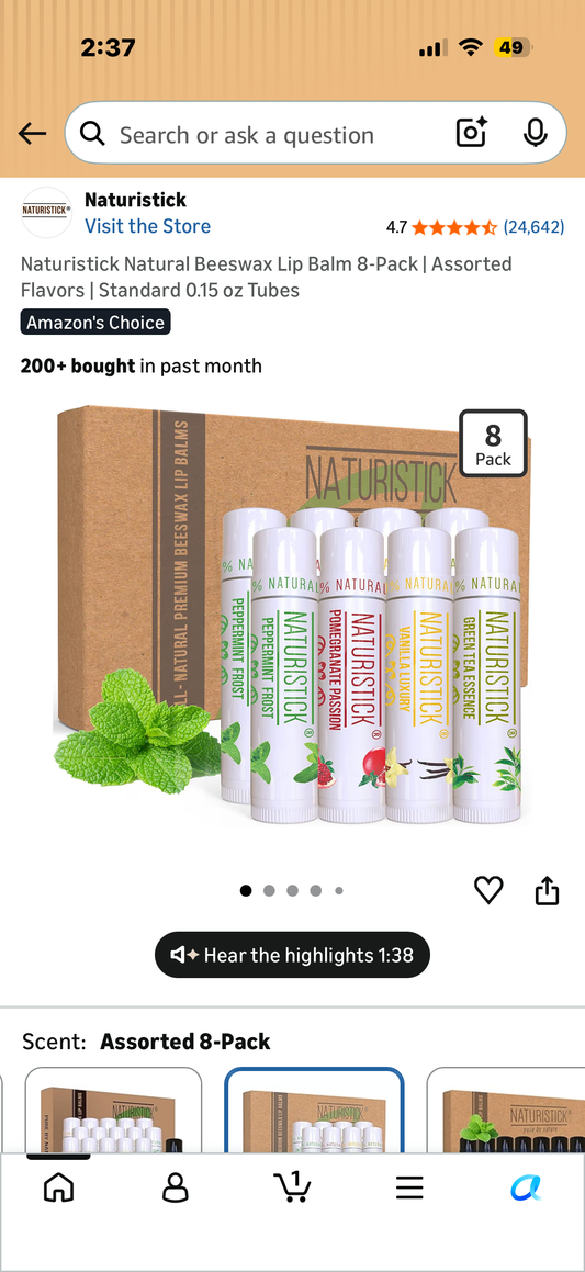 Naturistick Natural Beeswax Lip Balm 8-Pack | Assorted Flavors | Standard 0.15 oz Tubes