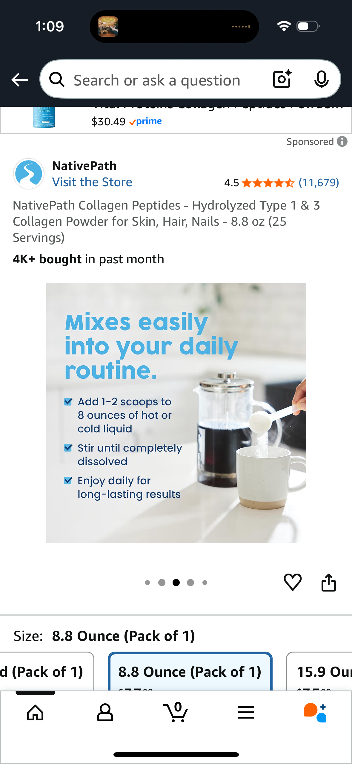 NativePath Collagen Peptides - Hydrolyzed Type 1 & 3 Collagen Powder for Skin, Hair, Nails - 8.8 oz (25 Servings)