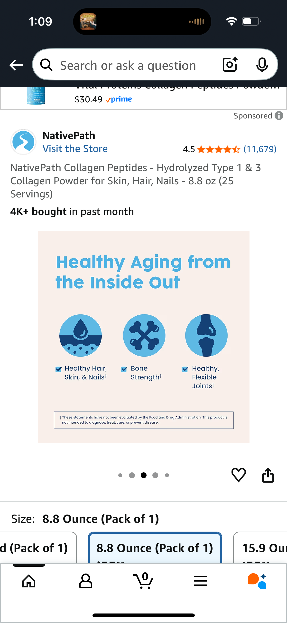 NativePath Collagen Peptides - Hydrolyzed Type 1 & 3 Collagen Powder for Skin, Hair, Nails - 8.8 oz (25 Servings)