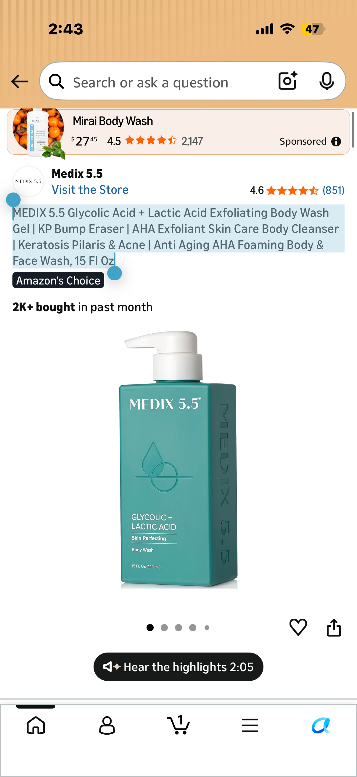 MEDIX 5.5 Glycolic Acid + Lactic Acid Exfoliating Body Wash Gel | KP Bump Eraser | AHA Exfoliant Skin Care Body Cleanser | Keratosis Pilaris & Acne | Anti Aging AHA Foaming Body & Face Wash, 15 Fl Oz