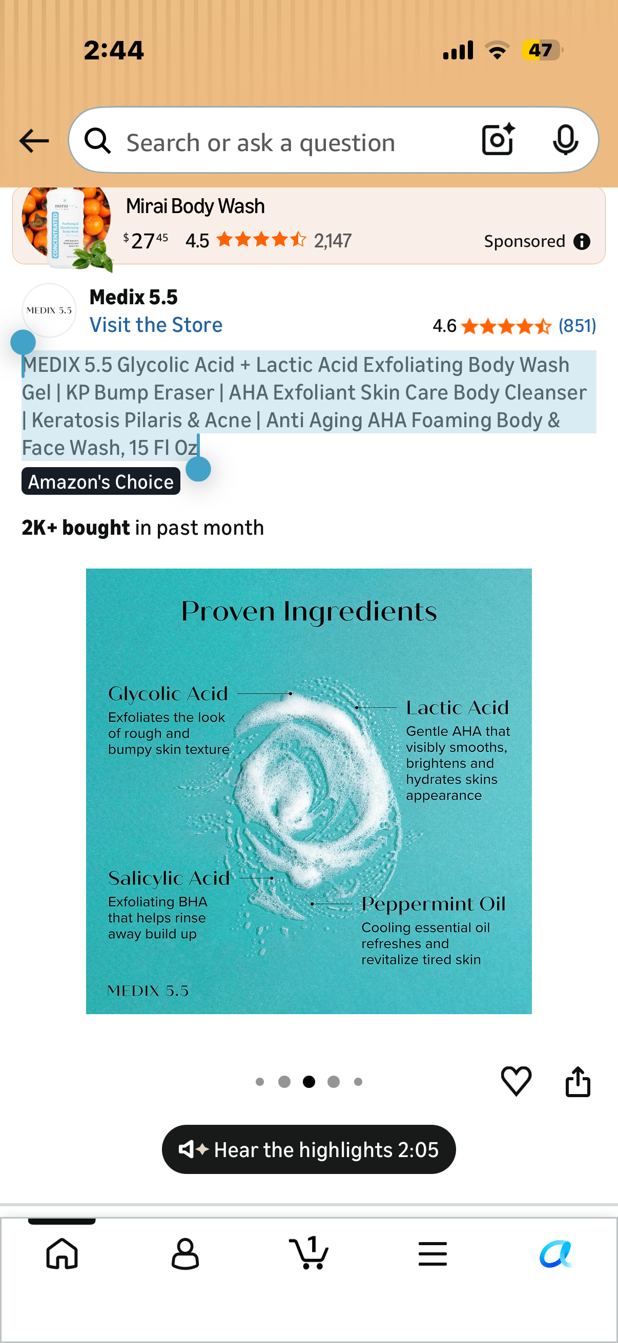 MEDIX 5.5 Glycolic Acid + Lactic Acid Exfoliating Body Wash Gel | KP Bump Eraser | AHA Exfoliant Skin Care Body Cleanser | Keratosis Pilaris & Acne | Anti Aging AHA Foaming Body & Face Wash, 15 Fl Oz