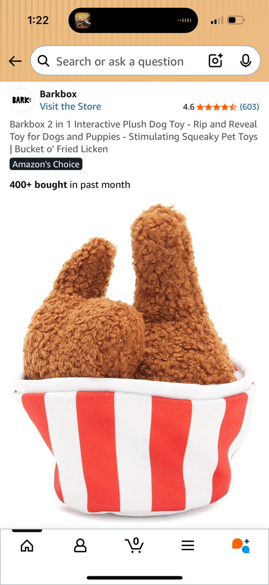 Barkbox 2 in 1 Interactive Plush Dog Toy - Rip and Reveal Toy for Dogs and Puppies - Stimulating Squeaky Pet Toys | Bucket o' Fried Licken