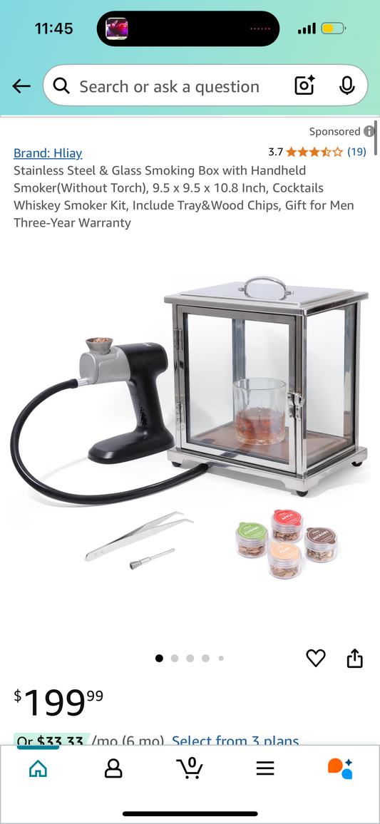 Stainless Steel & Glass Smoking Box with Handheld Smoker(Without Torch), 9.5 x 9.5 x 10.8 Inch, Cocktails Whiskey Smoker Kit, Include Tray&Wood Chips, Gift for Men Three-Year Warrantyv