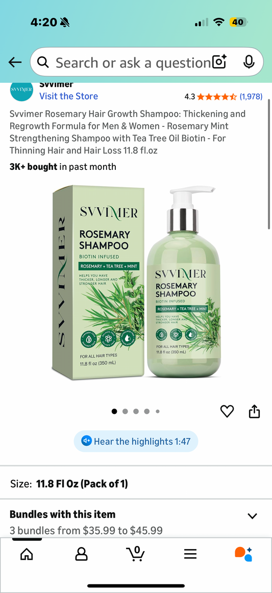 Svvimer Rosemary Hair Growth Shampoo: Thickening and Regrowth Formula for Men & Women - Rosemary Mint Strengthening Shampoo with Tea Tree Oil Biotin - For Thinning Hair and Hair Loss 11.8 fl.oz
