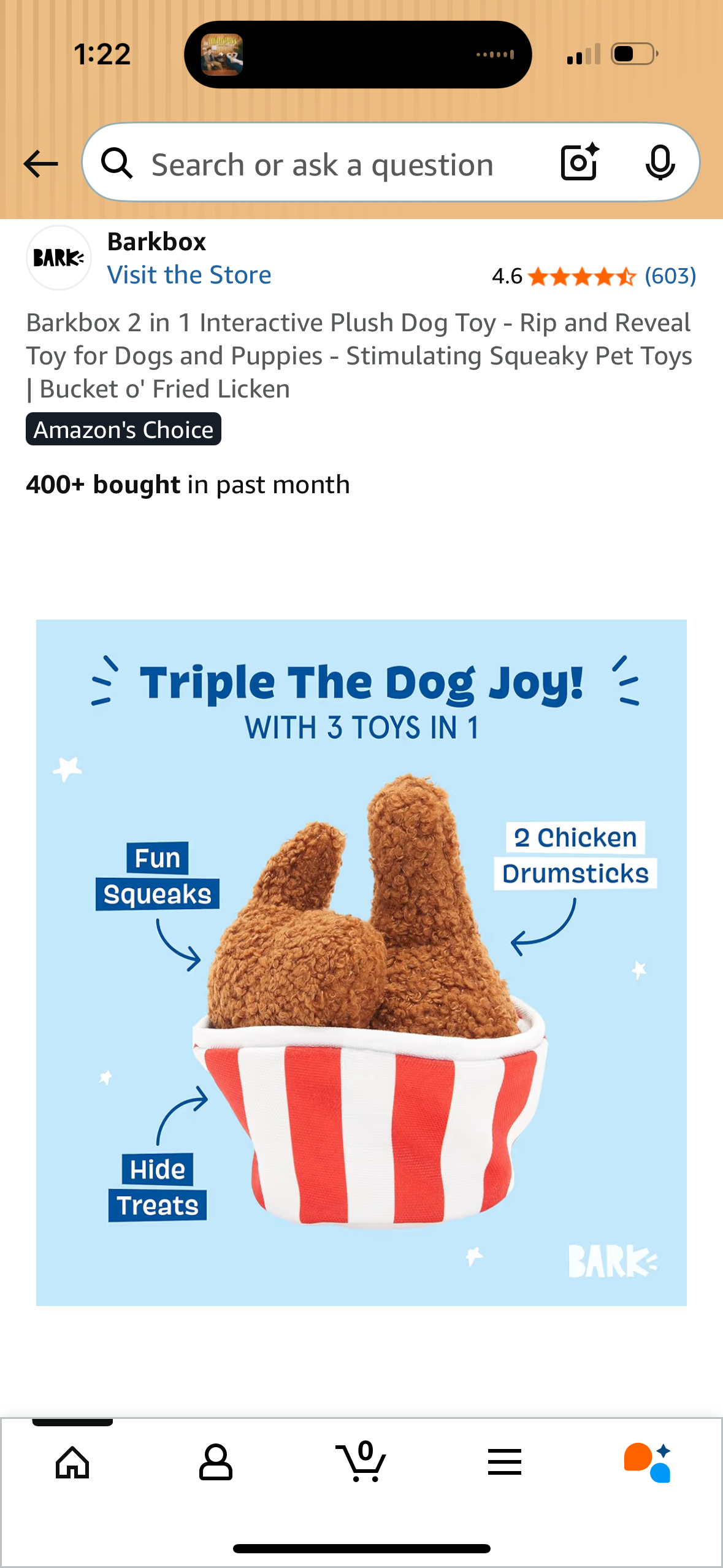 Barkbox 2 in 1 Interactive Plush Dog Toy - Rip and Reveal Toy for Dogs and Puppies - Stimulating Squeaky Pet Toys | Bucket o' Fried Licken